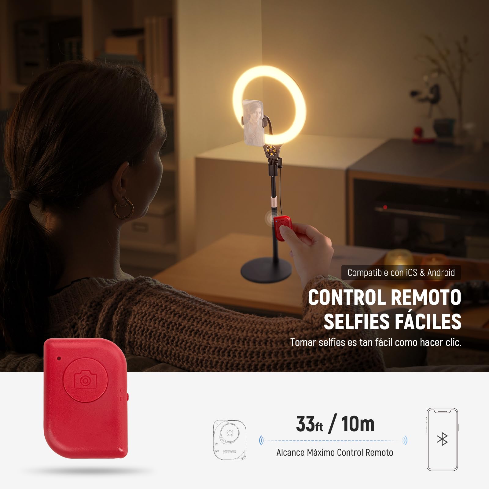 NEEWER Entry Level Version 10.5" Aro Luz Escritorio con Soporte/Soporte Móvil Compatible con iPhone/Remoto,10W LED Iluminación para Streaming Grabación Maquillaje Selfie Videoconferencia Portátil,N22