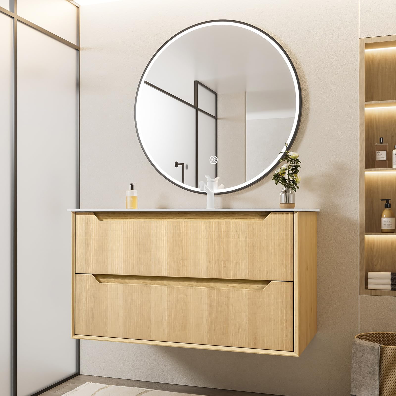 Floating Bathroom Vanity - Pre-Assembled Natural Oak Multi-Layer Solid Wood Vanity with Integrated Stone Top, Wall Mounted Sink Vanity with 2 Soft Close Drawers (Natural Oak Grid, 40")