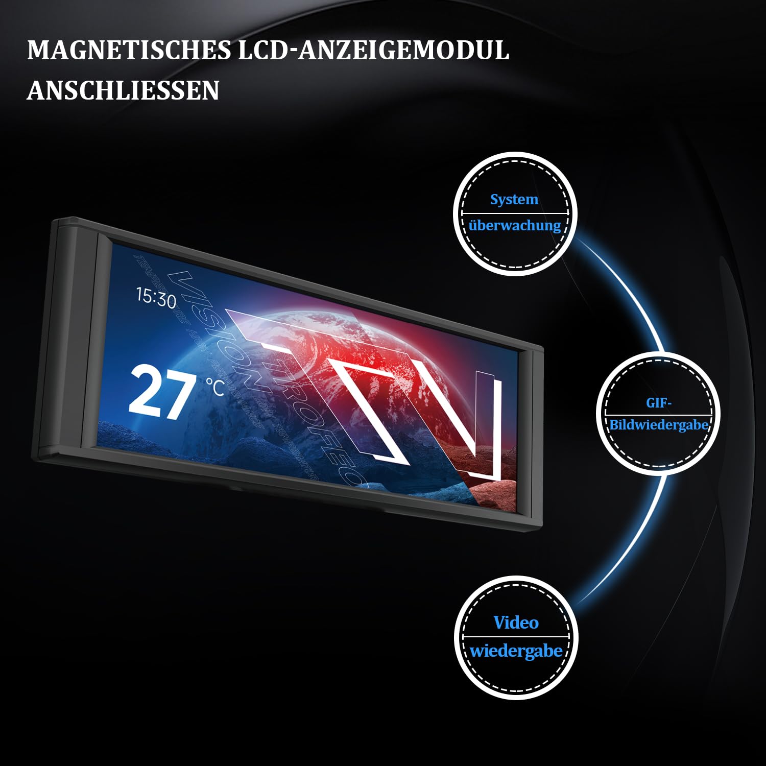 TR Trofeo Vision LCD Black Edition obudowa-poddisplay z 6,86-calowym pełnokolorowym ekranem LCD (rozdzielczość 1280 x 480) i magnetycznym designem panelu. Obsługuje dynamiczne/statyczne obrazy DIY