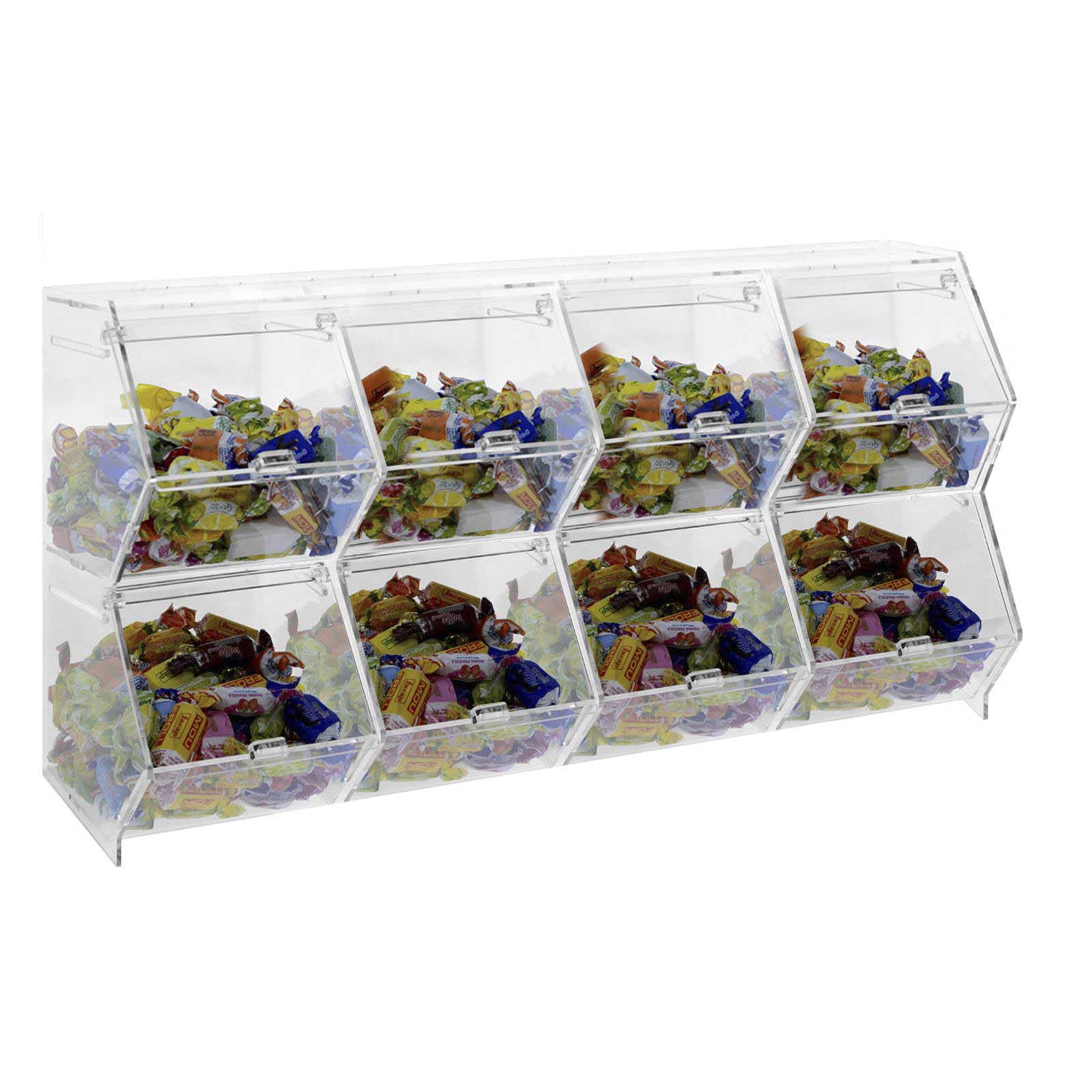 Porta caramelle confezionate da banco o da parete in plexiglass trasparente a 8 scomparti CON sportello a scomparsa - Misure totali: L 52 x P 18 x H 30.5 cm