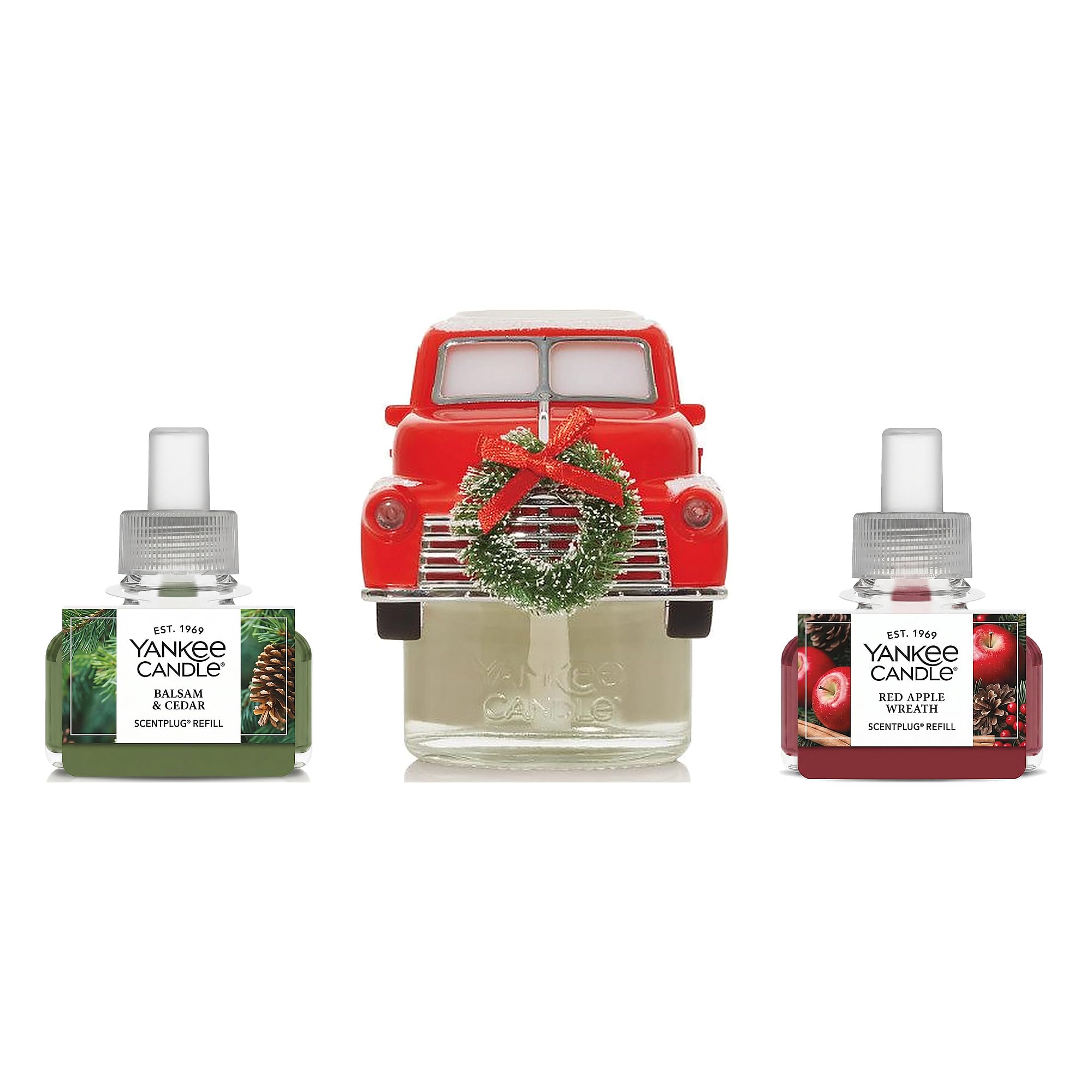 Yankee Candle Lot de variétés de bougies de Noël – Diffuseur de parfum Camion de vacances avec capteur de lumière, recharge de bougie de parfum couronne de pomme rouge et baume et cèdre
