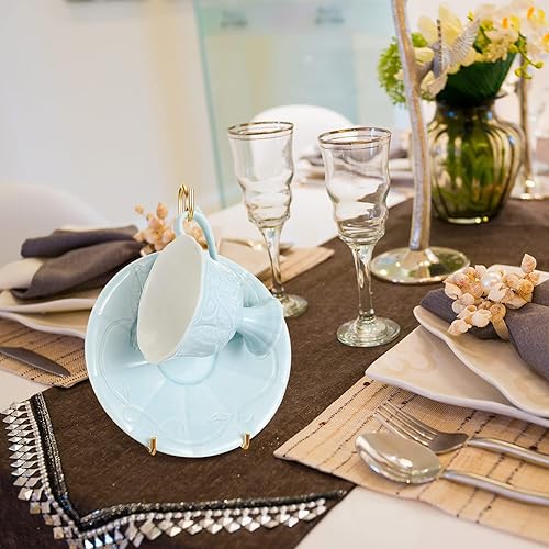 Miniatura 4 de 8 piezas de taza de té y platillo, soporte de metal para platillo, organizador de tazas de té y café para platos de 6.22 x 2.44 pulgadas (dorado)