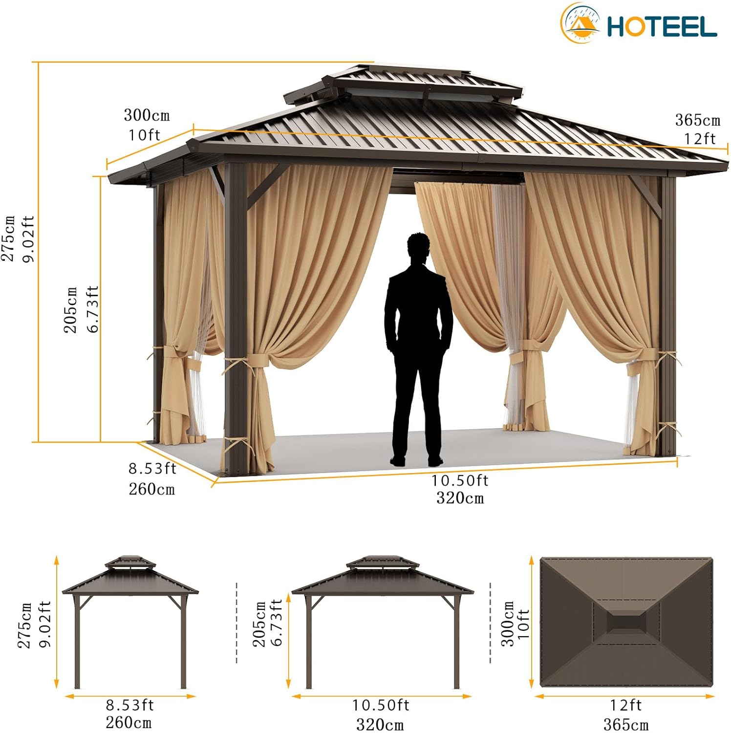Diagram showing the dimensions of the 10x12 HOTEEL gazebo