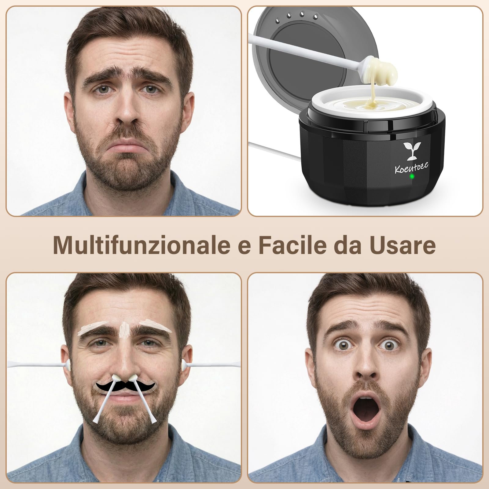 Kit di ceretta Naso per Uomini e Donne – Ceretta Viso con 100g Perle di Cera, 5 Bastoncini Naso & Orecchie, 10 Mascherine Baffi, Mini Scaldacera Elettrico con USB togli peli naso