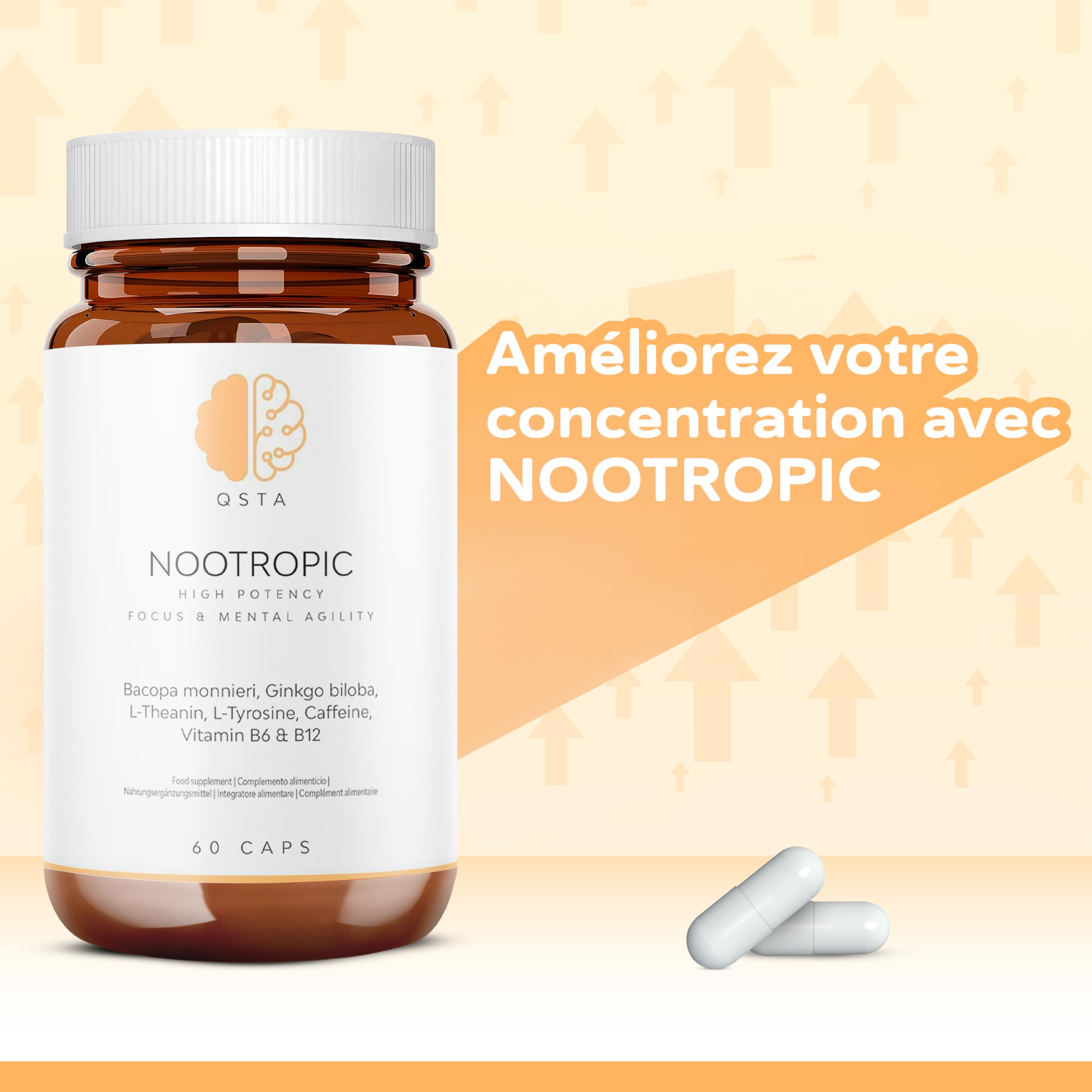 Nootropic – Formule Avancée pour le Soutien Cognitif avec Bacopa, Ginkgo, Tyrosine, Théanine, Caféine, B6 & B12
