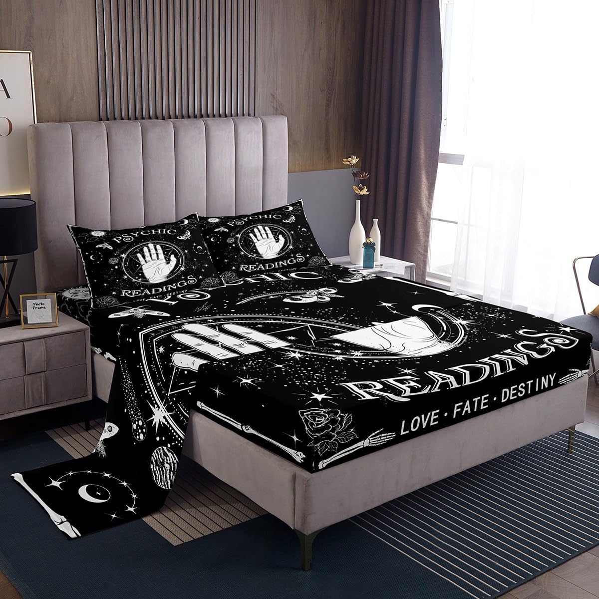 Black Gothic Psychic Fitted Sheet, Spooky Goth Moth Bed Sheets Queen Size Galaxy Starry Sky Sheet Set Sugar Skull Mandala Top Sheet Halloween Decorations Bedding With 2 Pillow Cases, Black