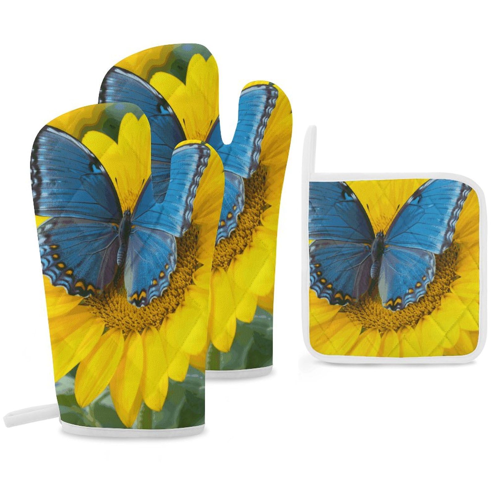 Gants de cuisine et maniques motif tournesol et papillon bleu résistants chaleur