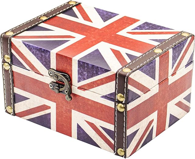 Wooden Vintage Treasure Chest Trinket Box British Flag Pattern Storage Jewelry Box Small Gift BoxSmall