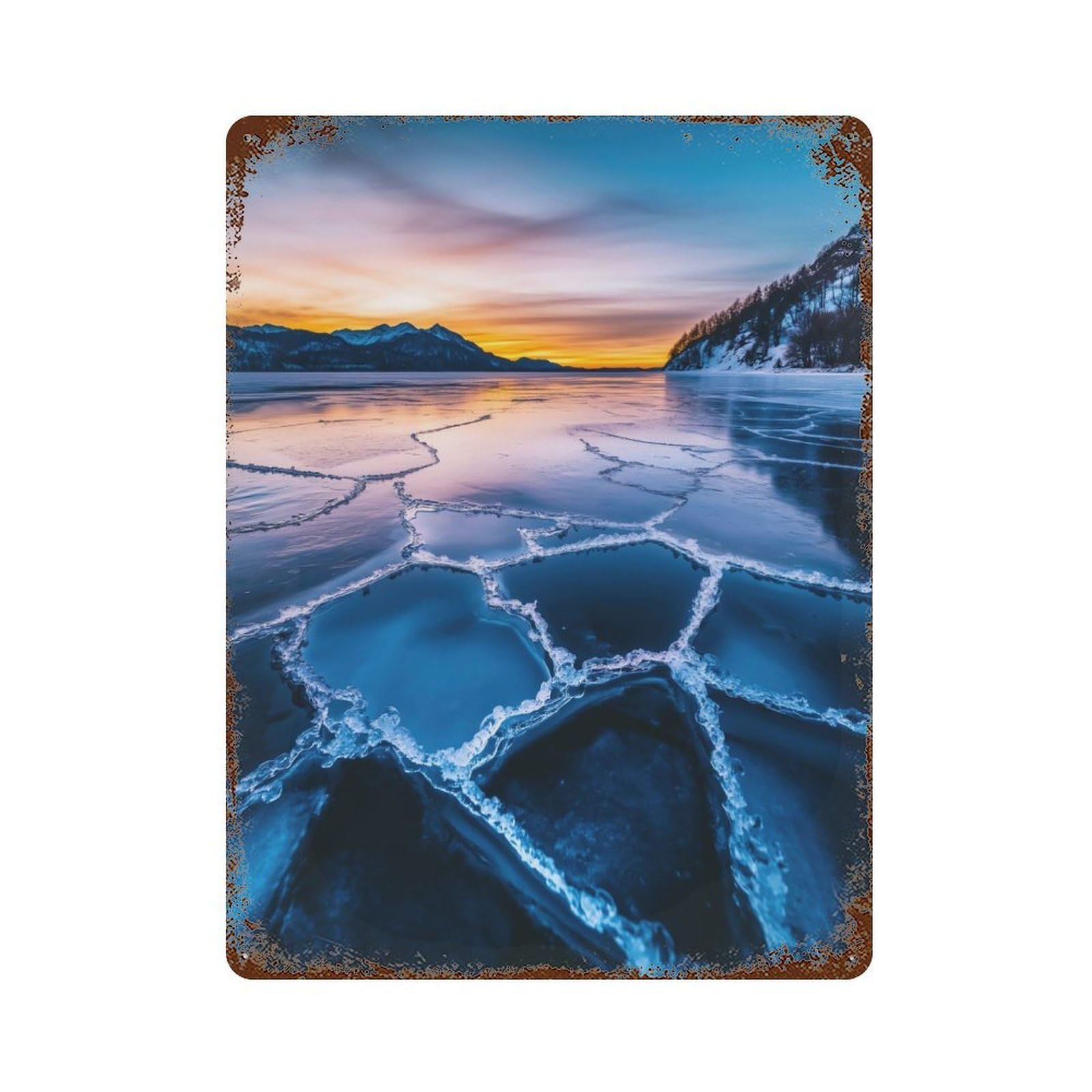 Frozen Lake Sunset Rusty Metal Tin Sign 15.7"x11.8", Ideal for Patio, Garden Room And Bar Decor