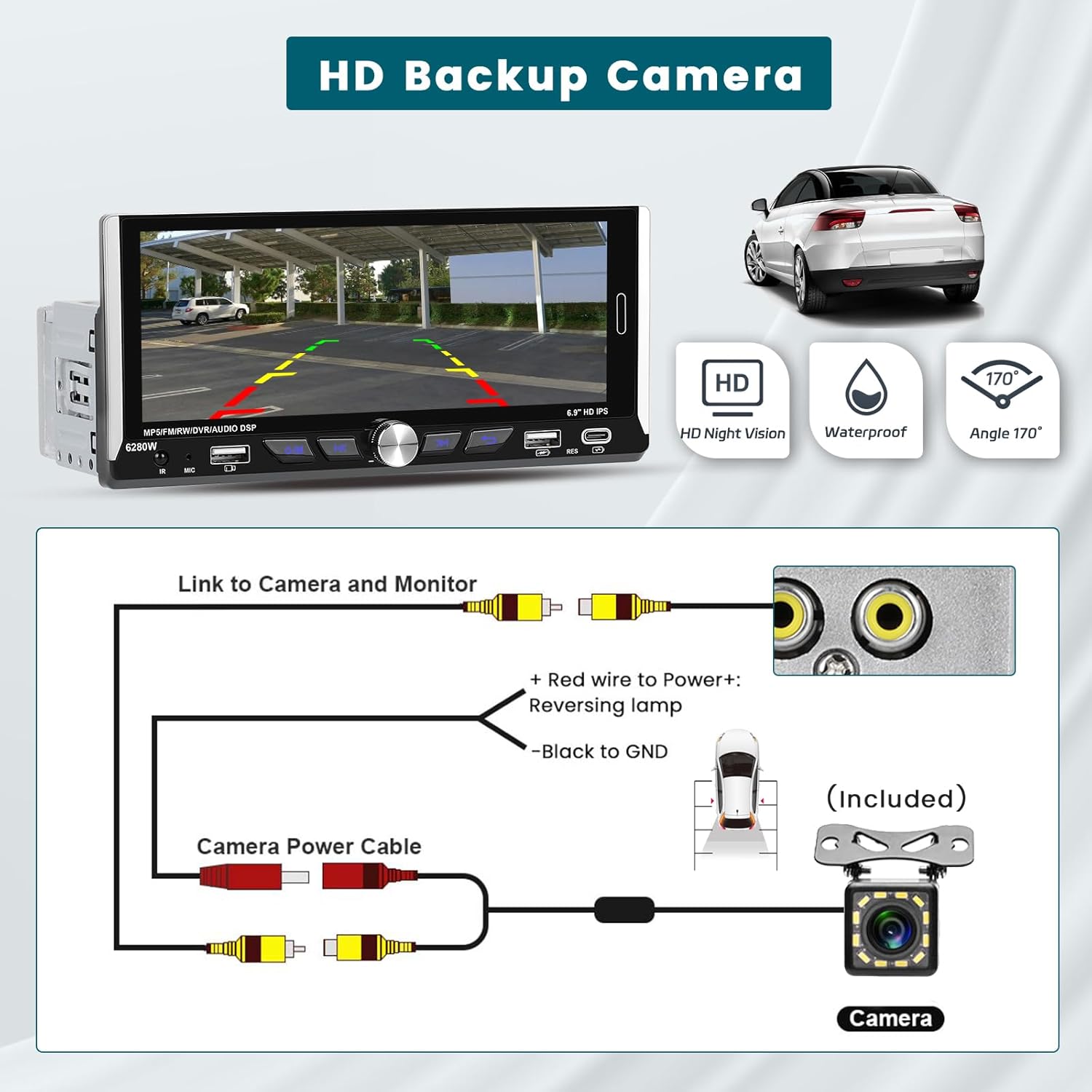 Hikity 6.9 Inch Car Stereo Single Din Wireless Carplay Android Auto, Touch Screen Car Radio Blueooth 5.0, EQ, FM/RDS, Mirror Link, USB/Type-C Input, SWC, Mic, Backup Camera