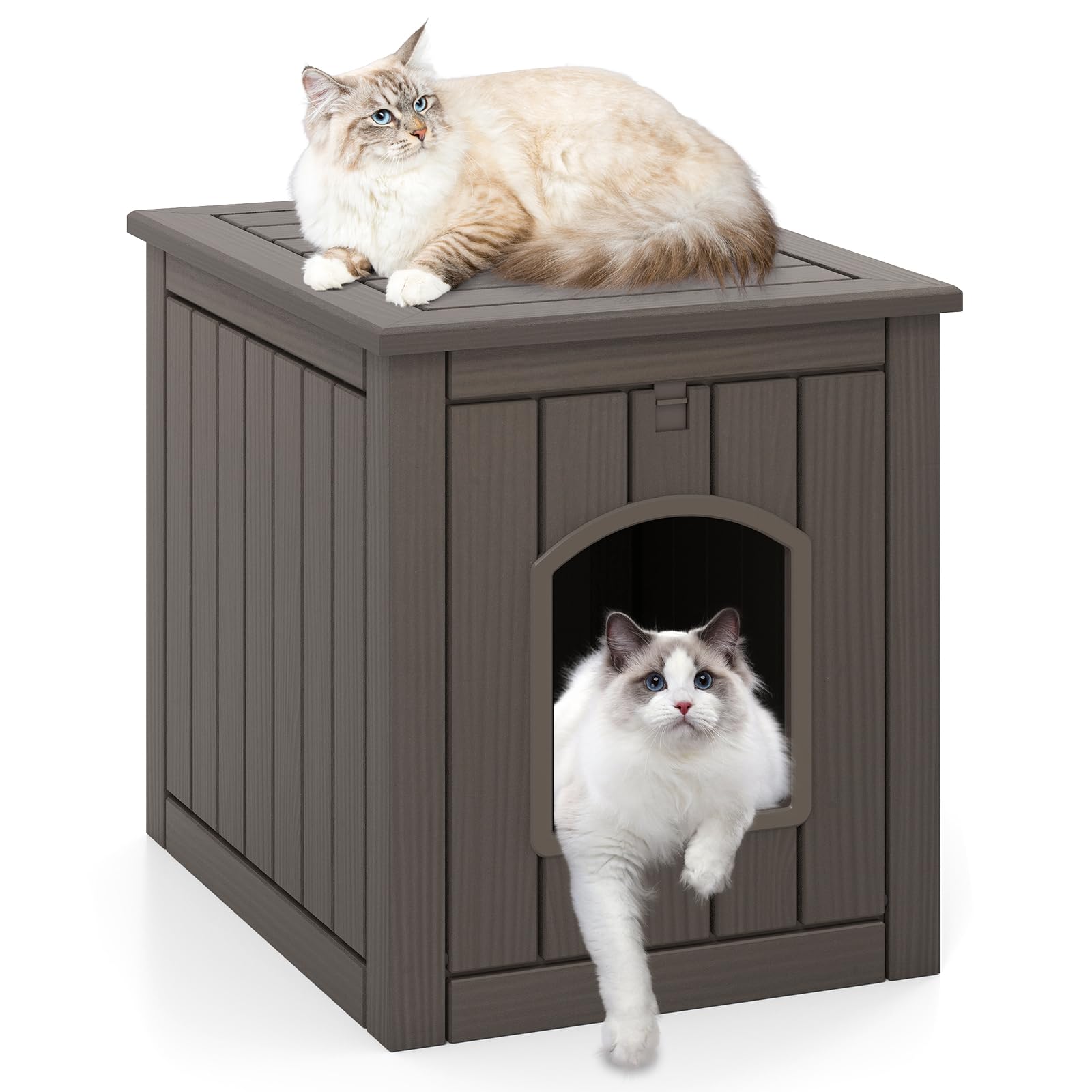GOPLUS Katzenhaus Outdoor Winterfest, Katzenklo Schrank mit klappbarer Tür & Eingang, wetterfeste Katzenhütte aus PP für Indoor & Outdoor, Haustierhaus für kleine Katze, Hunde & Kaninchen (Grau)