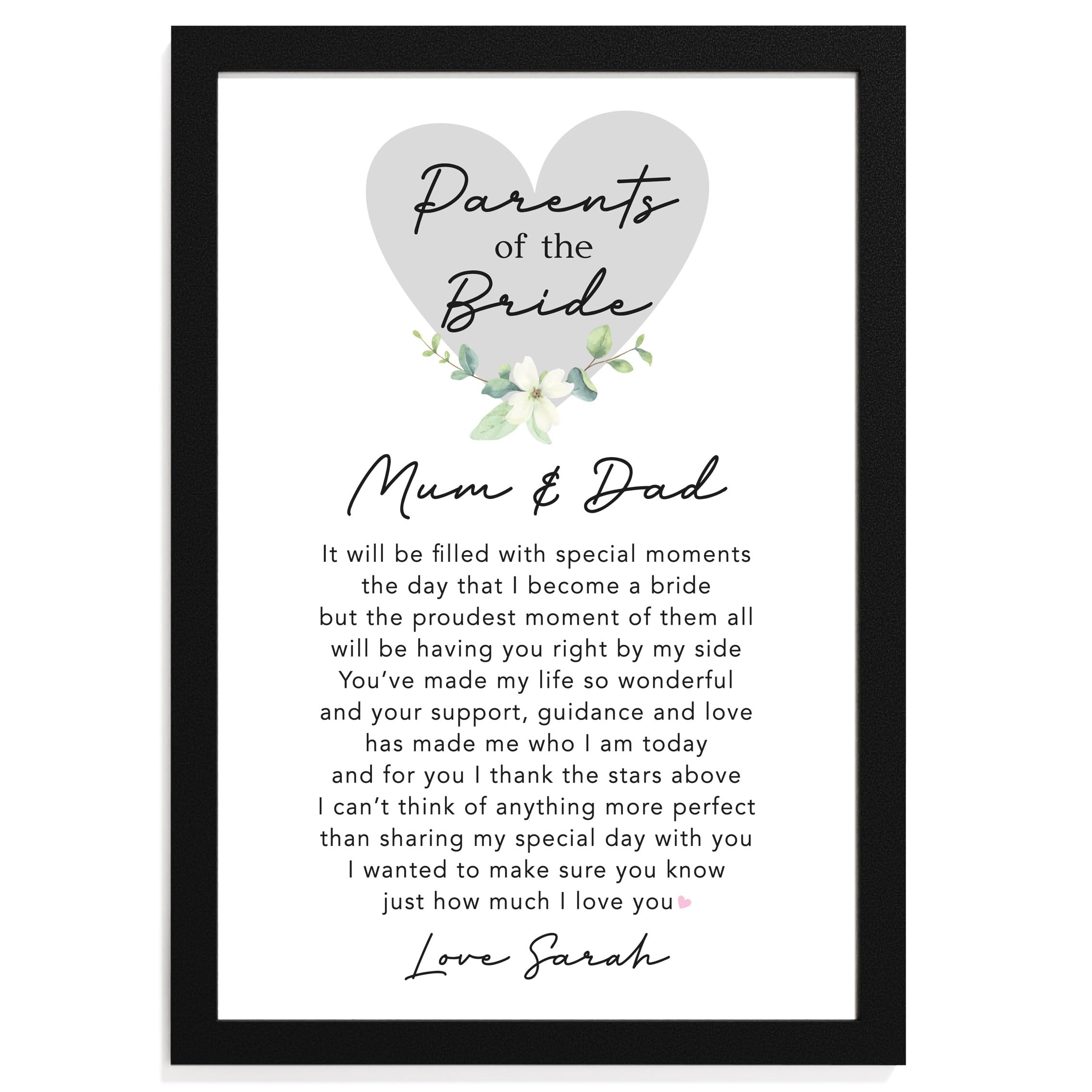 Beecreative Personalised Mother and Father Of The Bride Gift - A5 or A4 Print with Wooden Frame - Custom Parents of the Bride Wedding Present