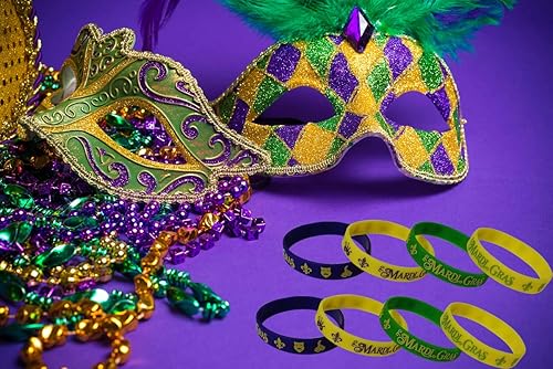 Miniatura 5 de Paquete de 48 pulseras de goma para recuerdos de fiesta de Mardi Gras, suministros de fiesta de cumpleaños de carnaval, decoraciones de bolsas de