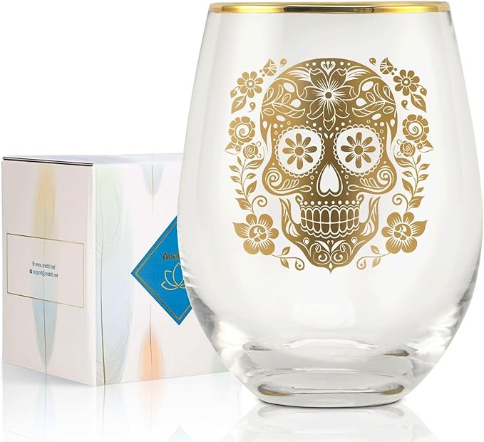Onebttl Sugar Skull Gifts, Day of the Dead Gifts, 17 oz Stemless Wine Glass with Foil Stamping Pattern