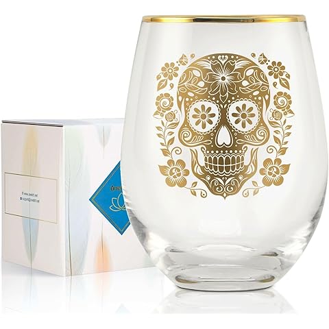 Onebttl Sugar Skull Gifts, Day of the Dead Gifts, 17 oz Stemless Wine Glass with Foil Stamping Pattern