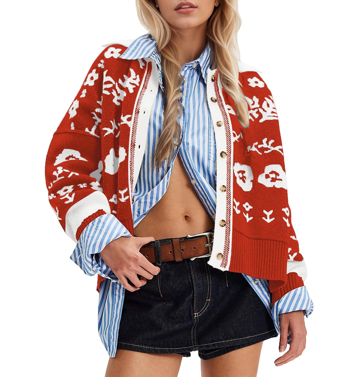 MISSACTIVER Floral Print Button Down Cardigan Sweaters for Women Long Sleeve V Neck Open Front Knit Crop Tops