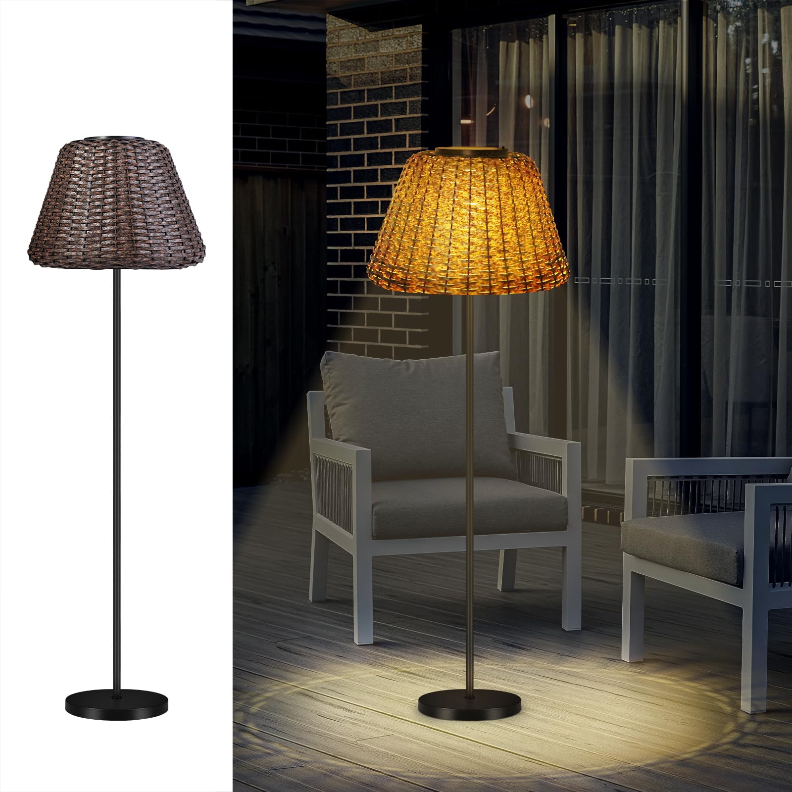 shumi Solar Outdoor Lights Floor Lamp - Cordless Floor Lamp - Solar Rattan Lamp for Patio, Porch, Garden, Decks, Living Room, Bedroom, Outdoor Spaces?Rattan?