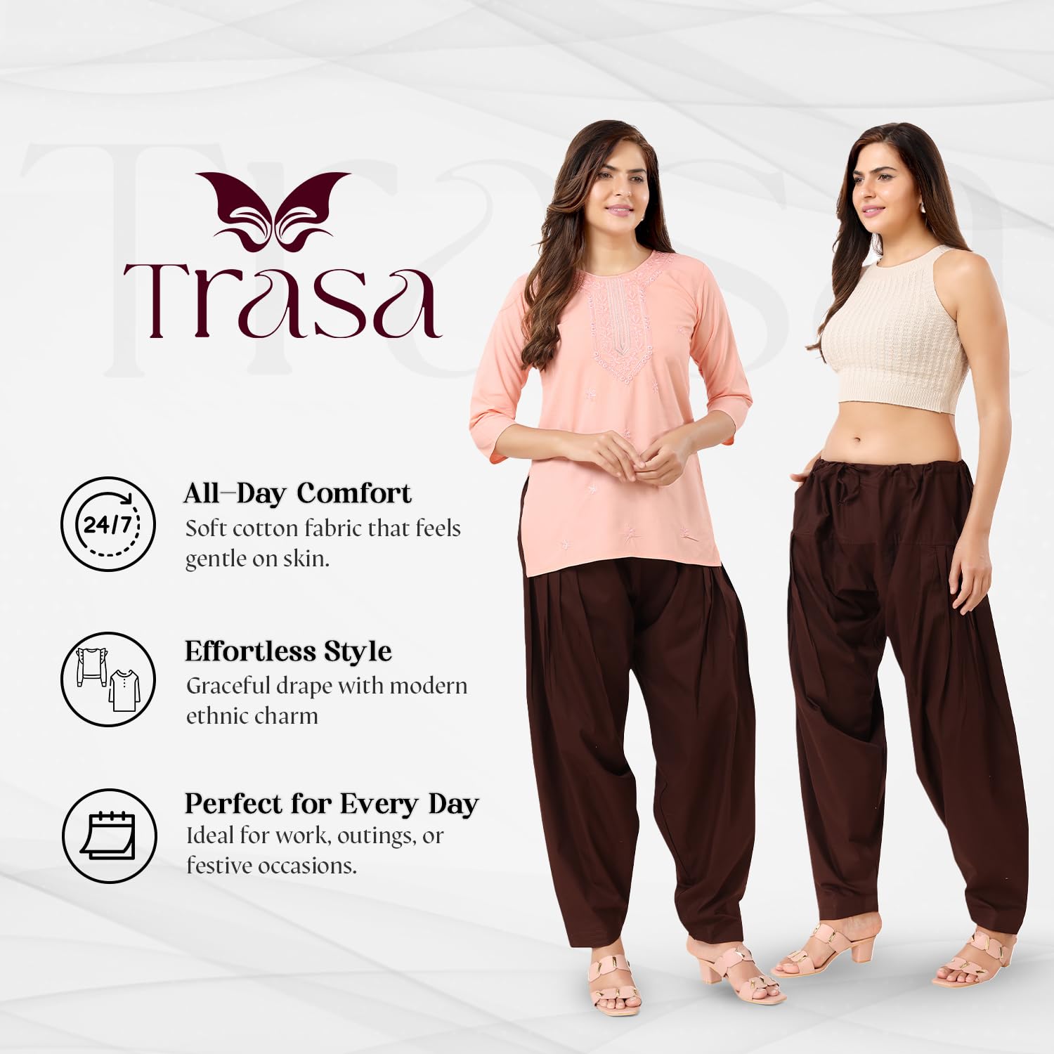 TRASA Semi Patiala Salwar Cotton One Side Pocket Traditional Indian Bottomwear Pant - Free Size Fit up to XXL - Brown - Image 2 thumbnail