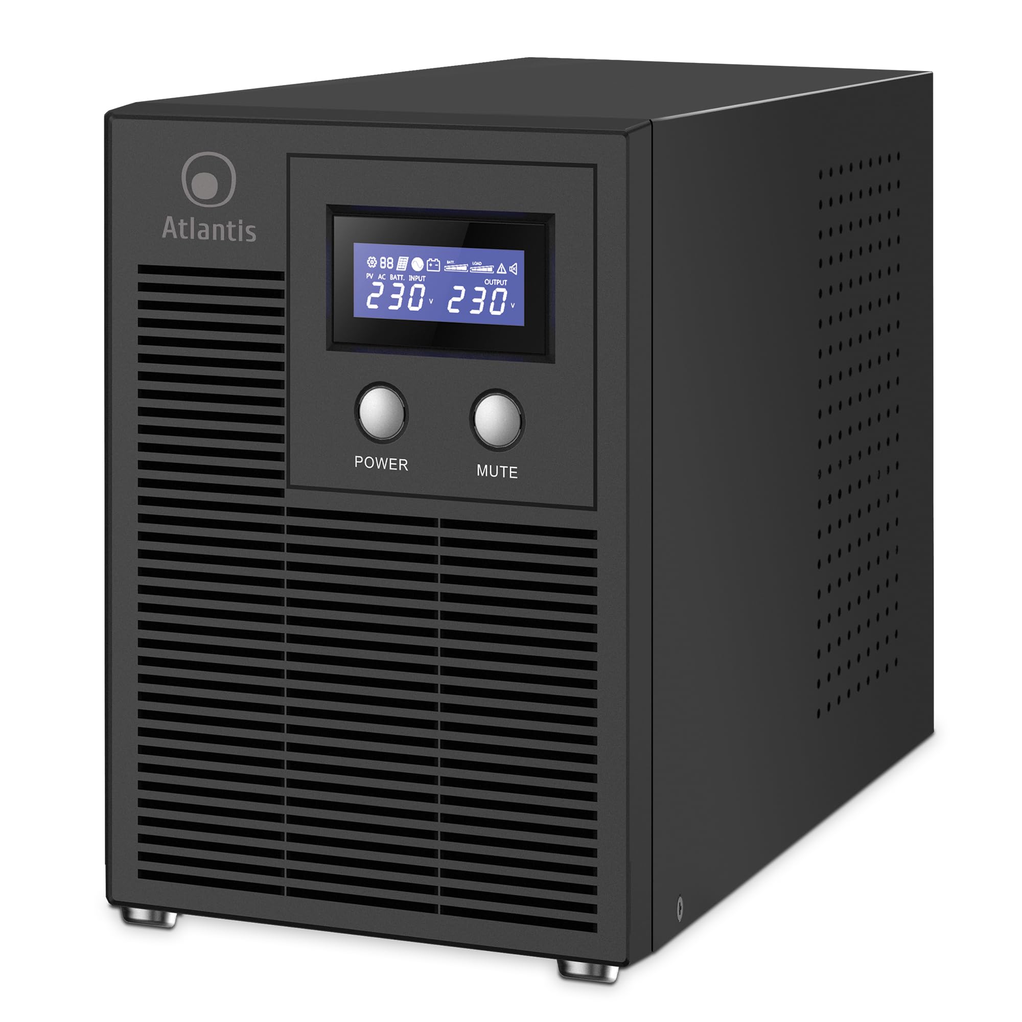 Atlantis Gruppo di Continuità Low Noise 3000VA/2100W, onda sinusoidale pura | UPS Line Interactive, 36,6 dB(A), LCD, USB-HID, 3 IEC + 2 Schuko, RS232, Slot SNMP, 4 batterie 12V 7Ah, cod. A03-HP4003PXLN