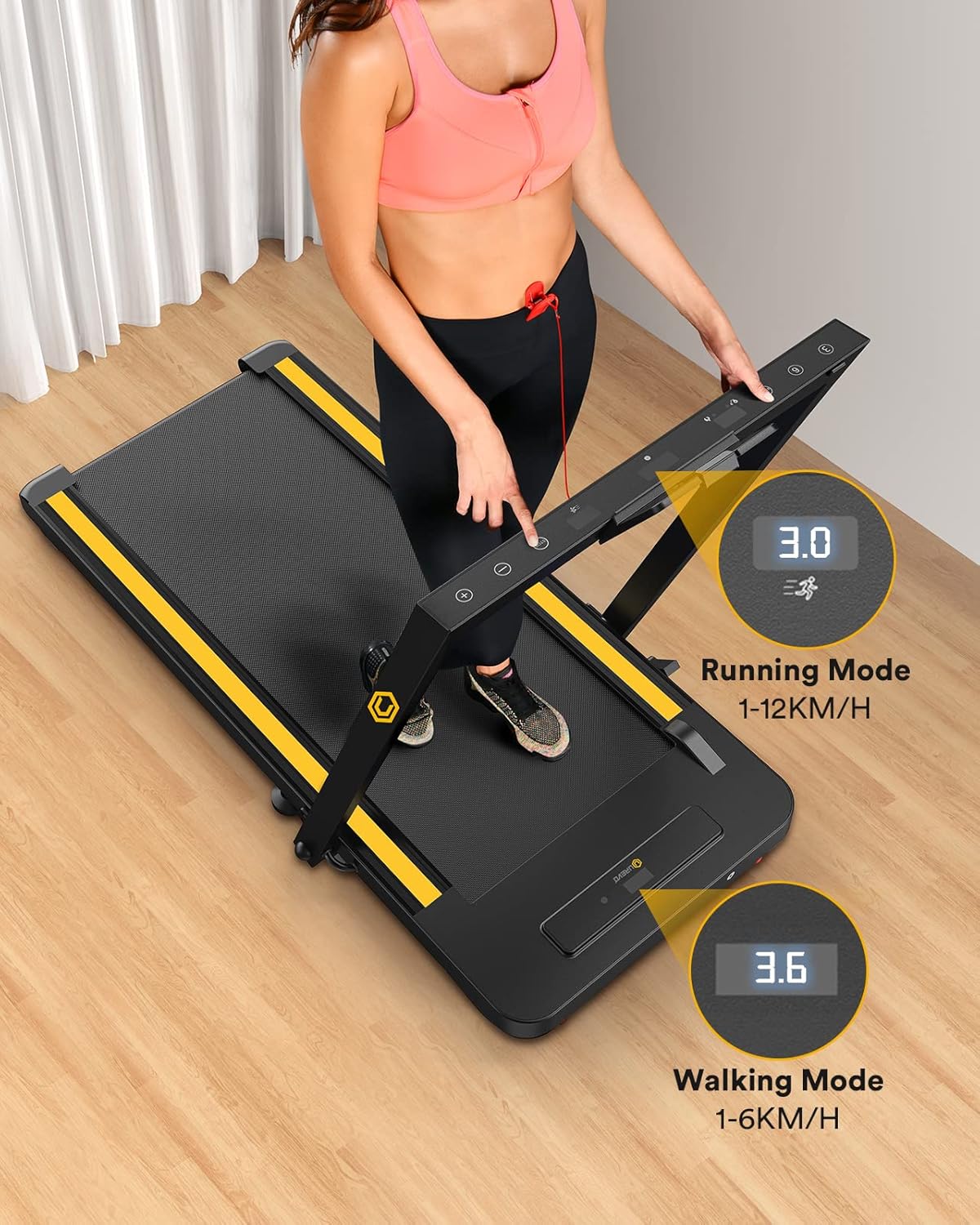 UREVO URTM030 Treadmill control panel showing walking and running modes