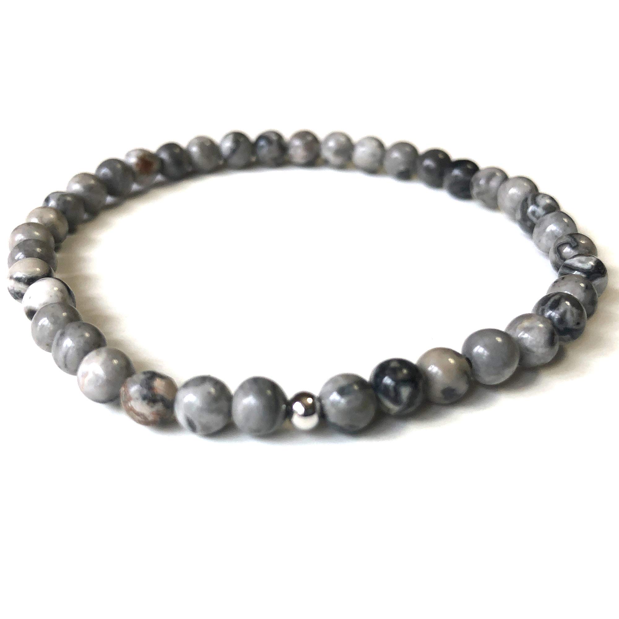 Mini Grey Jasper Gemstone 4mm Bead Energy Bracelet - Yoga Intention Meditation, One Size, Gemstone, Jasper