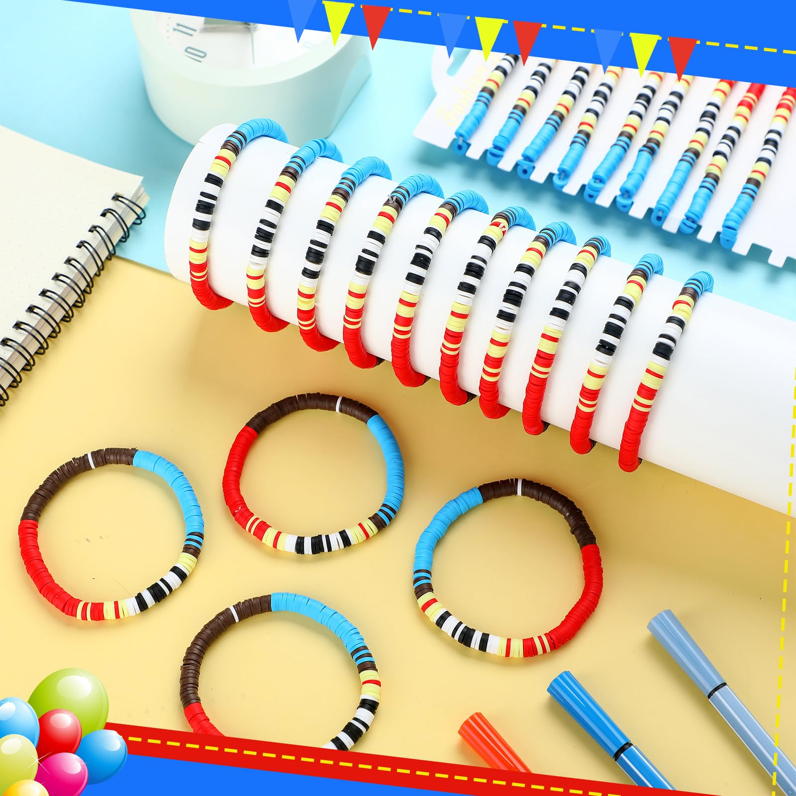 Huquary 24 Pcs Cartoon Story Bracelets Polymer Clay Beaded Stretch Bracelets Letter Inspire Game Jewelry for Birthday Party Favors for Family Friend Accessory Gift