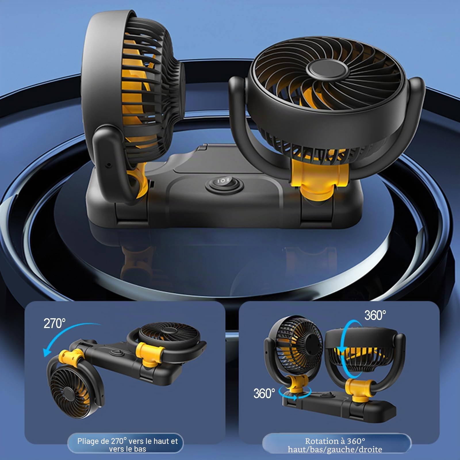 Ventilateur de voiture 12 V - Double tête - Rotation à 360° - Avec allume-cigare - Puissant et silencieux - Pour voiture, van, SUV, RV, bateau