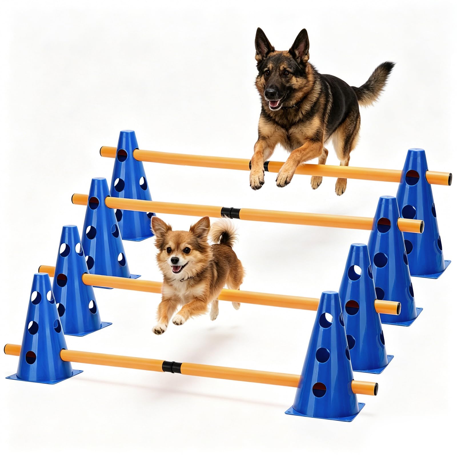 Eborrkee 4-Piece Dog Agility Equipment Set(Blue), Portable Pet Jump Training Kit for 8x Cones, 8x Agility Rods, Carry Bag, Height-Adjustable Jump Obstacles for Small Medium Large Puppy Indoor Outdoor