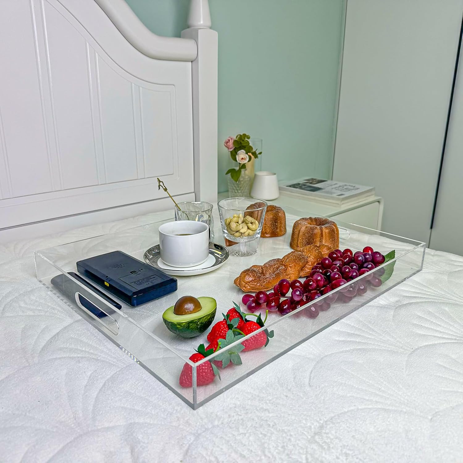 Clear Rectangular 16x20 Inches Acrylic Ottoman Tray Decorative Serving Tray with Cutout Handles Organizer Tray on Coffee Table Countertop Big Breakfast Bed Tray Living Room Appetizer Serving Food - Image 4