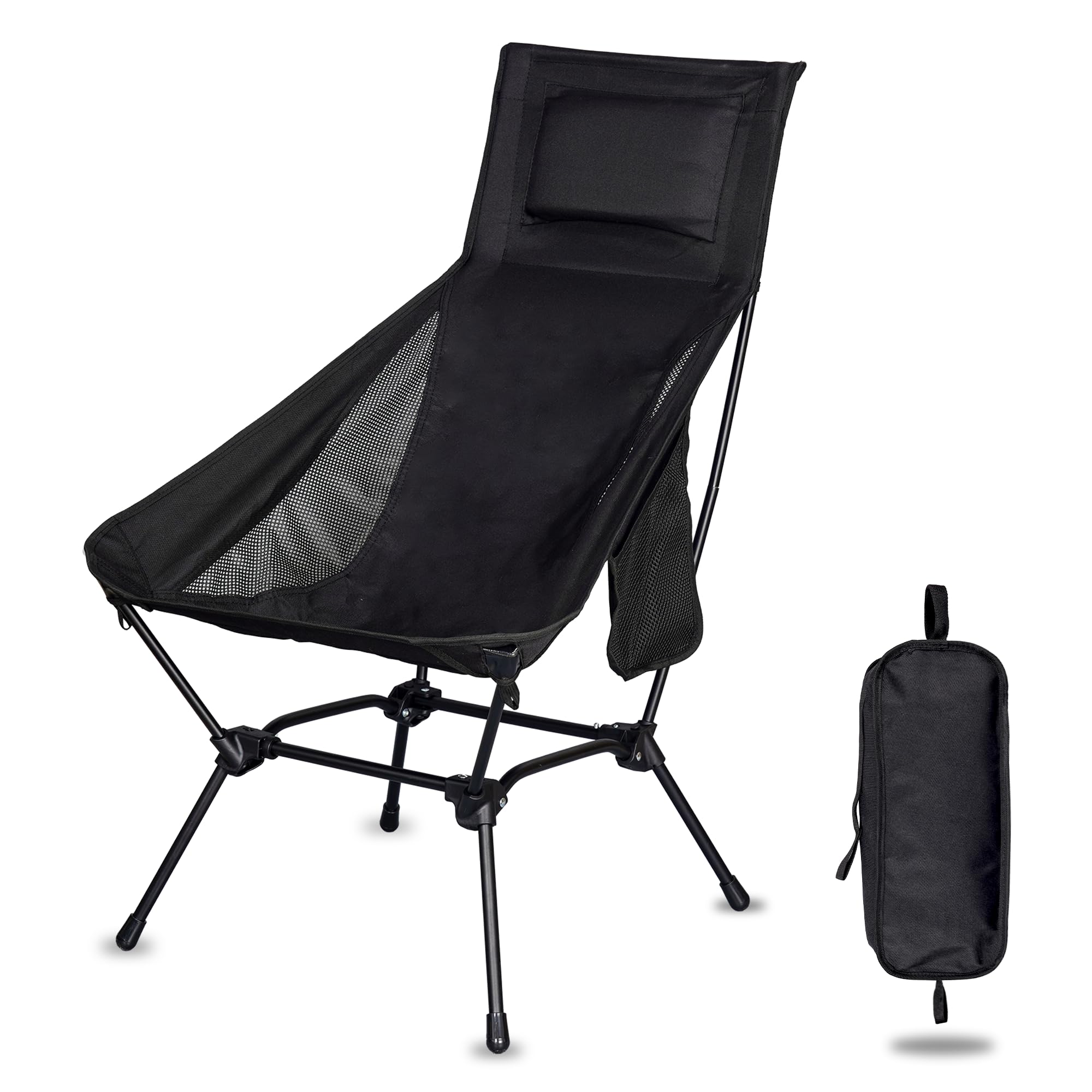 Sedia da viaggio, schienale lungo nero con cuscino per il collo, sedia da campeggio pieghevole leggera, sedile portatile completamente imbottito con tasca laterale, supporto 150 kg per