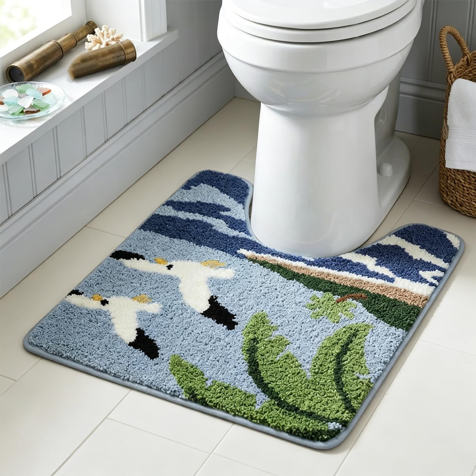 AVEKI Fun Beach Theme U-Shaped Toilet Mat, Cute Seagull Soft Non-Slip Plush Bath Mat, Ultra Absorbent Microfiber Shaggy Doormat, Machine Washable Playful Ocean Decor Rug 20x31 Inch — image 1