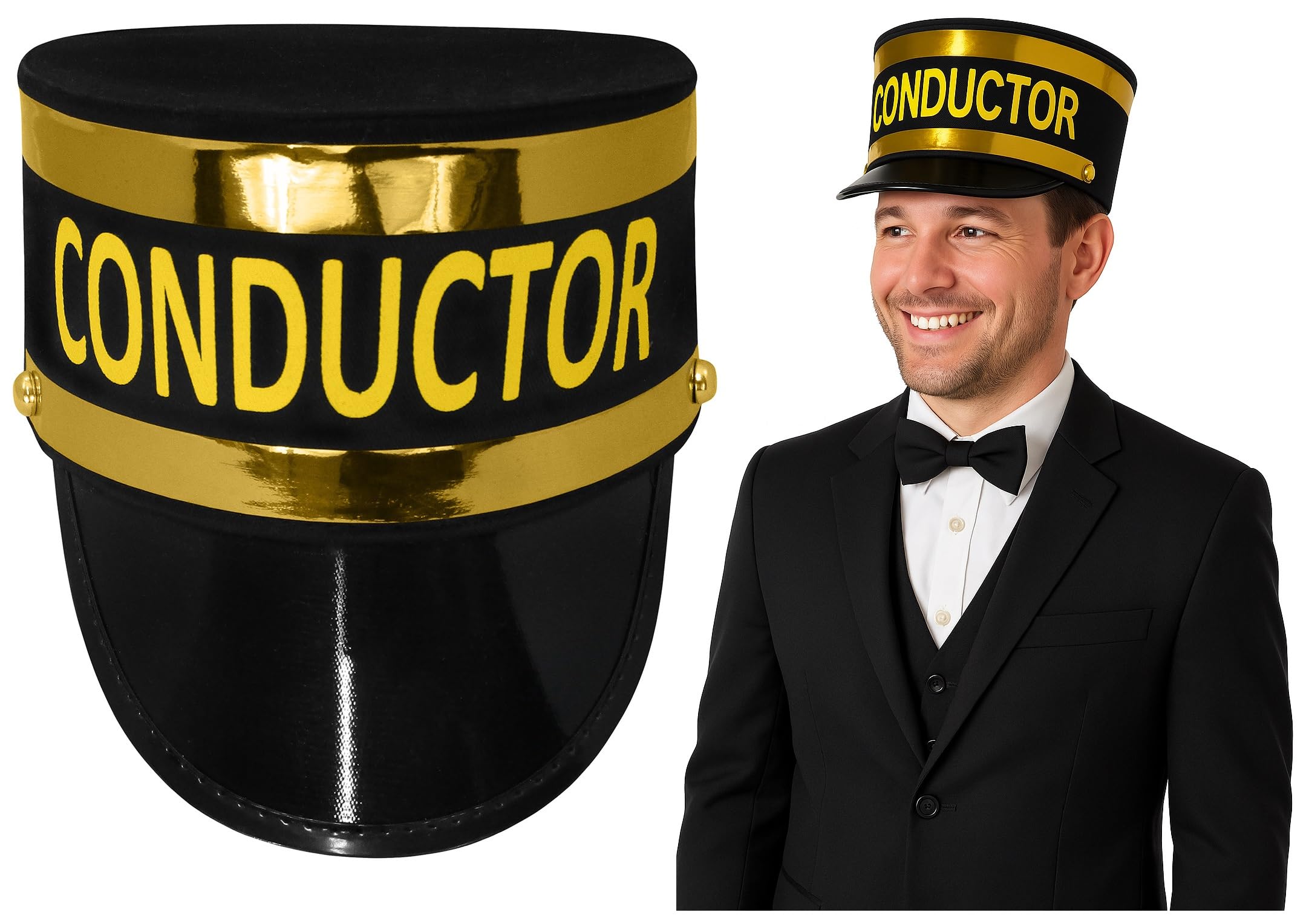 Nicky Bigs Novelties Adult Deluxe Train Conductor Hat - Brakeman Railroad Engineer Hats - Halloween Costume Accessory, Black Gold, Adjustable Size