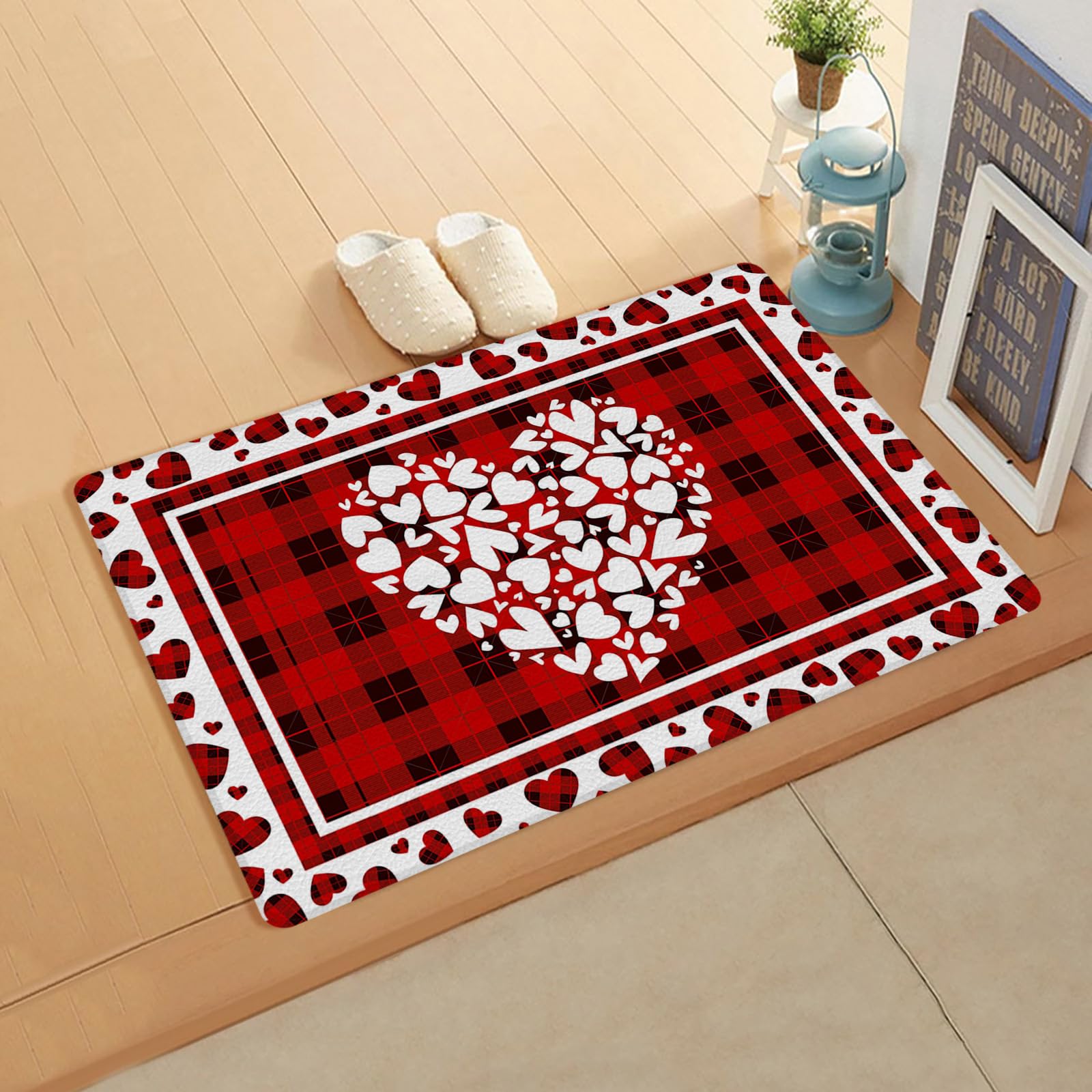 Buffalo Red Love Kitchen Bath Door Mat Cushioned Runner Rug,Washable Welcome Floor Sink Antifatigue Mat,Waterproof & Non-Slip Comfort Standing Doormat,Valentine's Day Plaid Sweet Heart 18