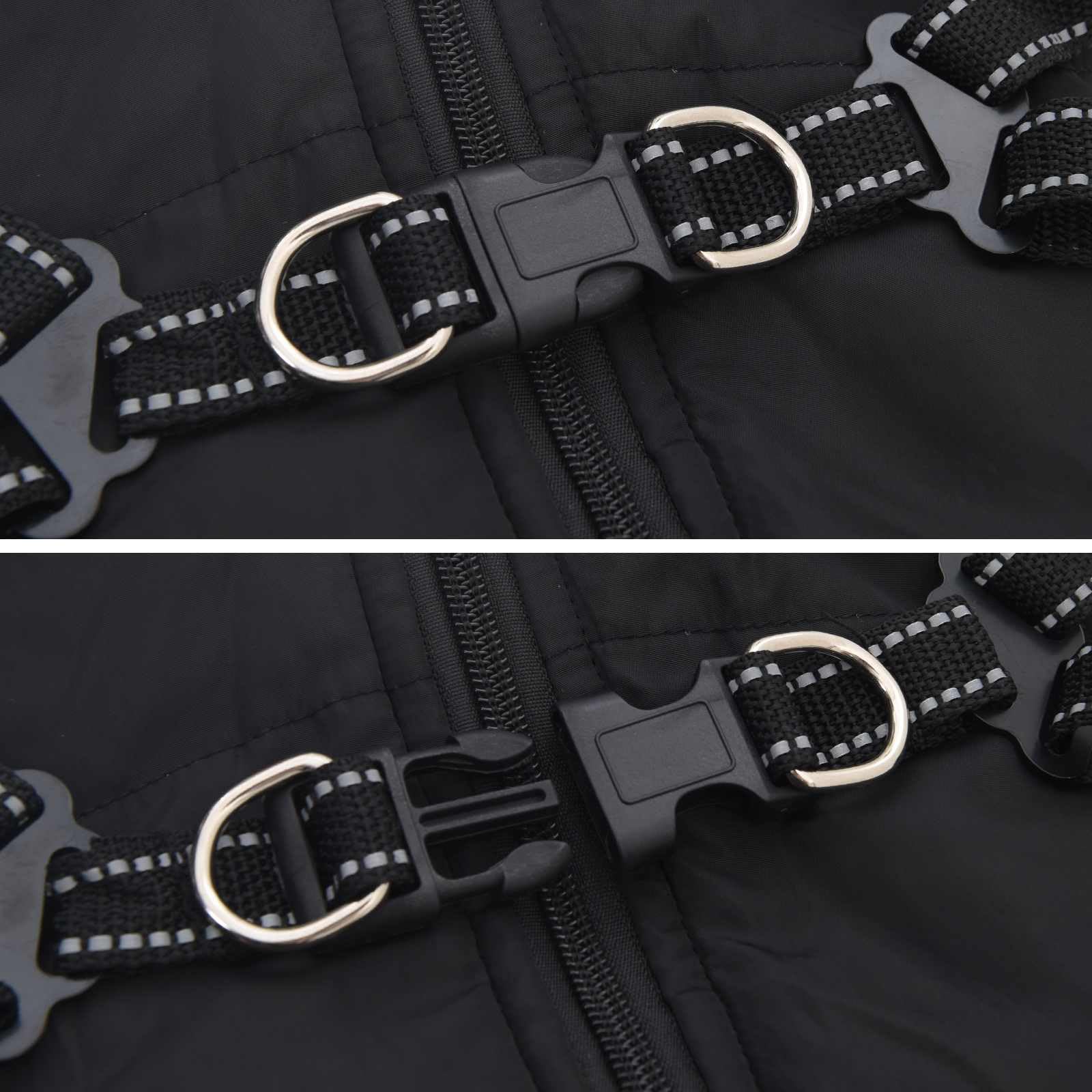 Cappotto per cani nero L28 in pile e poliestere con design riflettente, imbracatura regolabile e doppi anelli a D per protezione dal freddo e dal vento durante le passeggiate all'aperto in