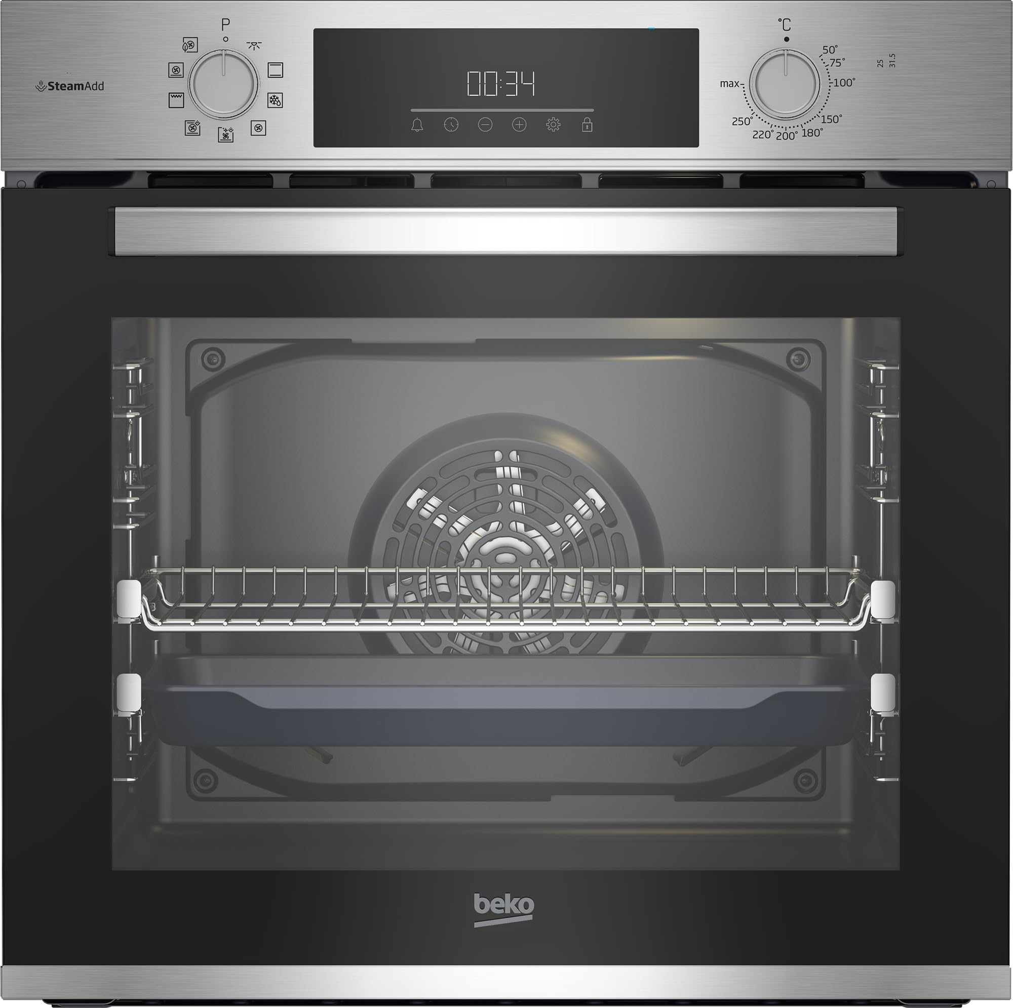 Beko BBIS12301XE b300 Backofen, Einbaubackofen, 72 l Garraum, Multifunktionsofen, 9 Funktionen, AeroPerfect Heißluft, SteamAdd Dampffunktion, SteamShine Reinigung, versenkbare Knebel, Edelstahl