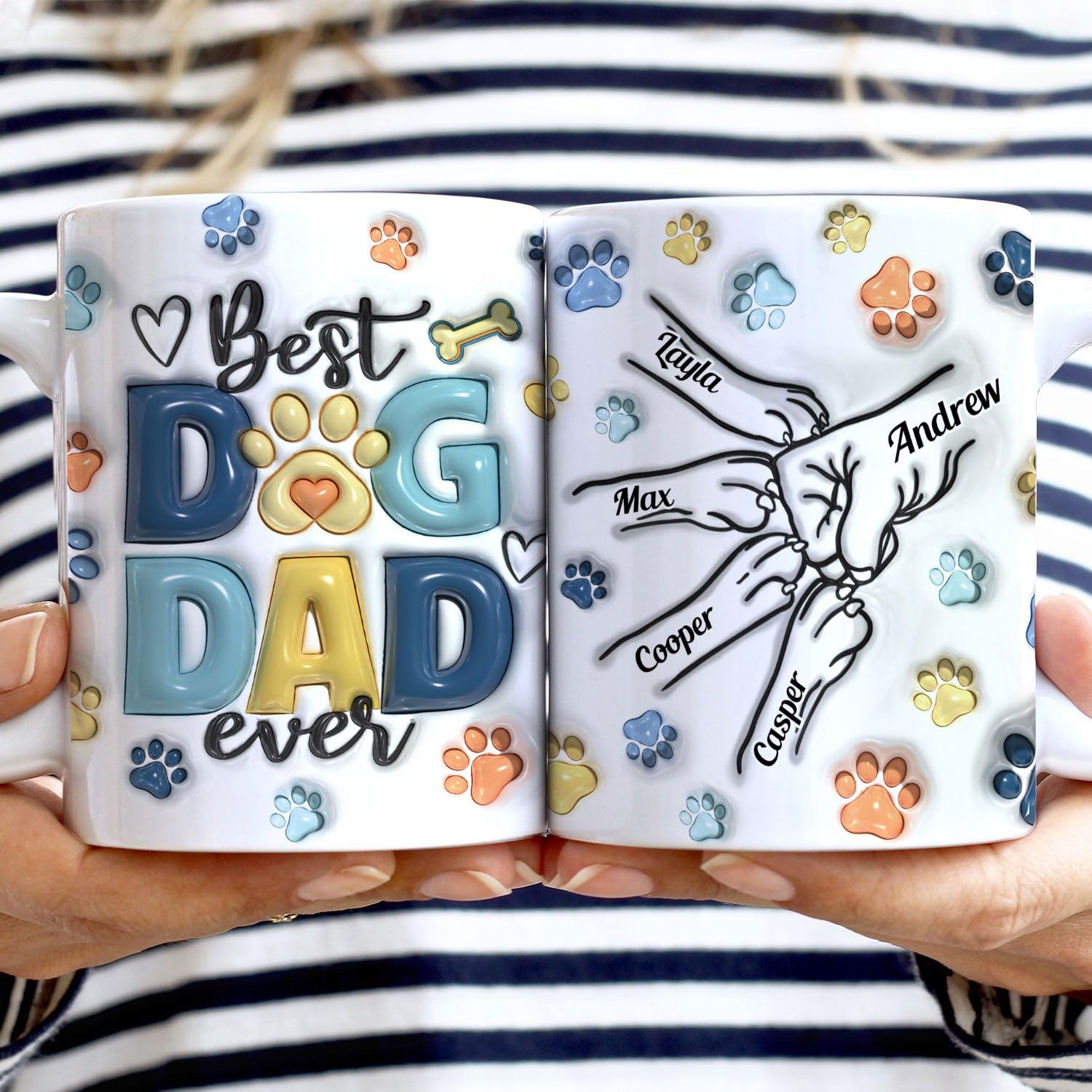 Dog Human Fist Bump Mug - 3D Inflated Effect Printed Mug, Personalized White Edge-to-Edge Mug - Best Dog Dad Ever Mug, Gift For Dog Dad, Dog Lovers, Dog Owner, Gift For Fathers Day From Daughter Son