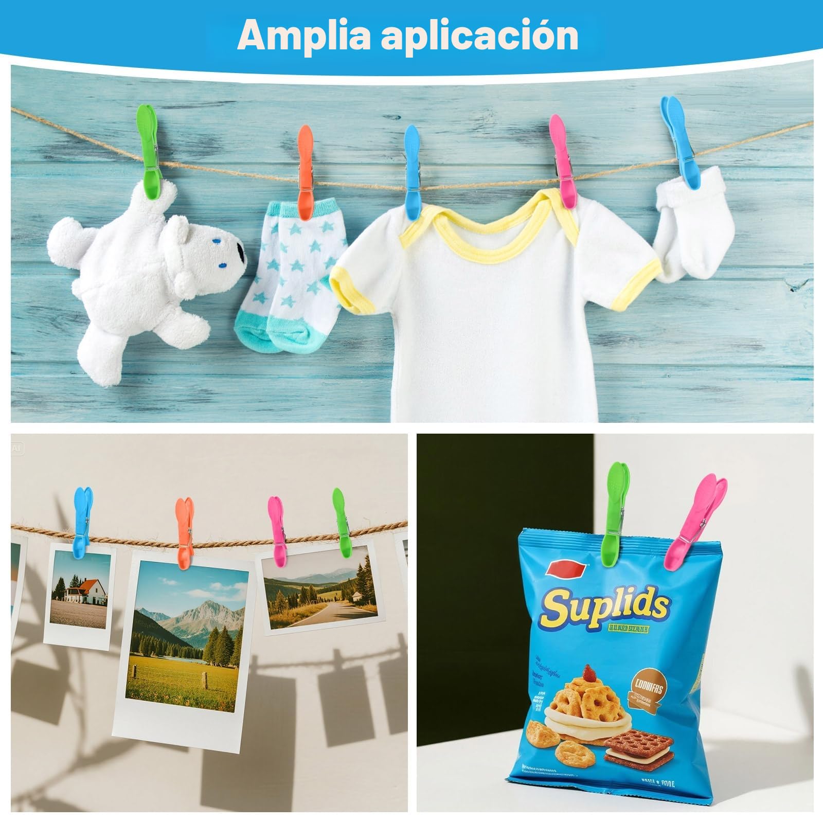 48 Pinzas de la Ropa de plástico Multicolor con para la, Cesta y Bolsa para Pinzas de la Ropa, Antideslizantes y Resistentes al Viento, sin impresión, Pinzas para Toallas, adecuadas