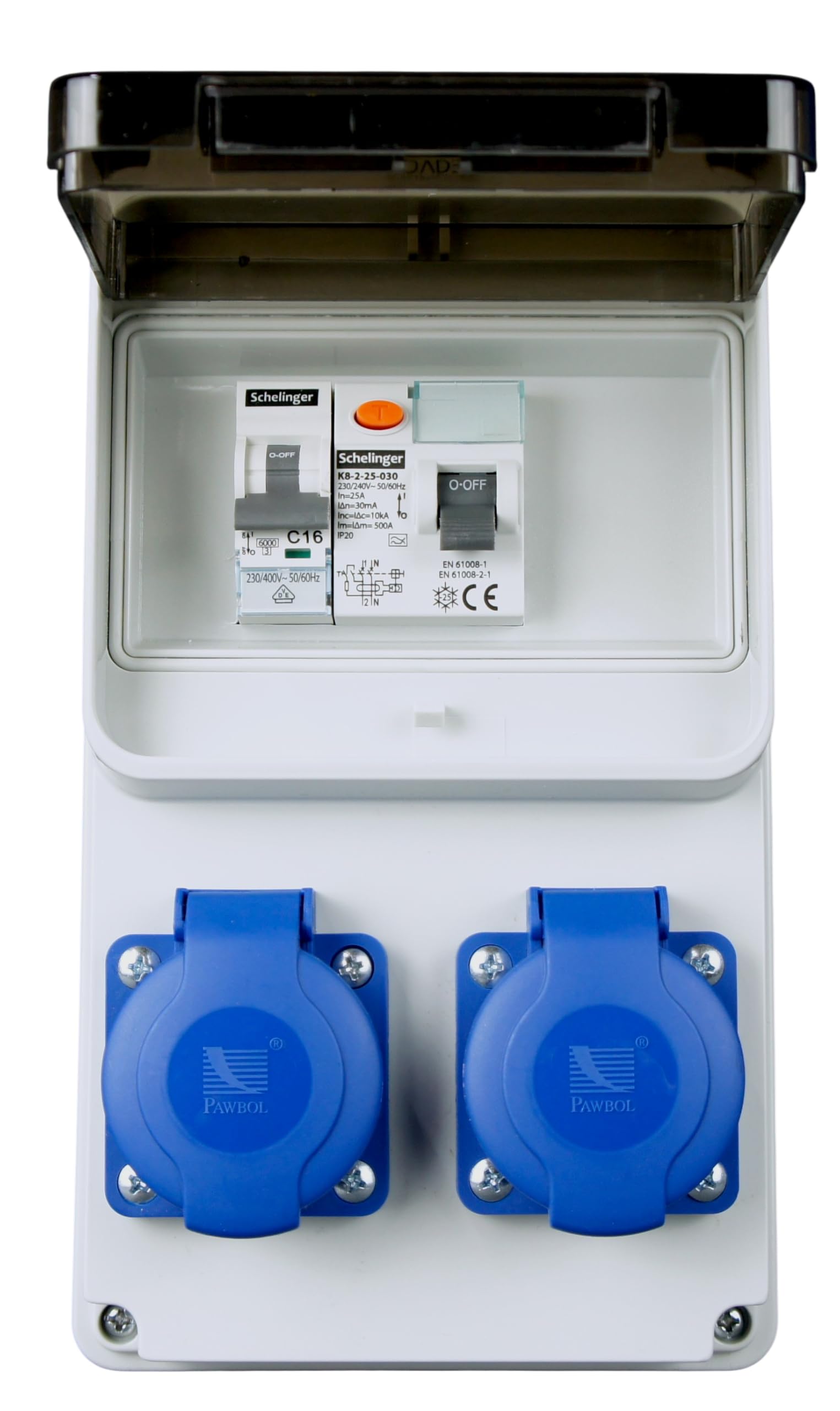 RoadEu - Stromverteiler 230V - 2x Schuko Steckdose - Baustromverteiler mit Fi Schutzschalter und Leistungsschalter C 16A - Verdrahtet, Steckdosenverteiler Indoor/Outdoor-Bereich IP44