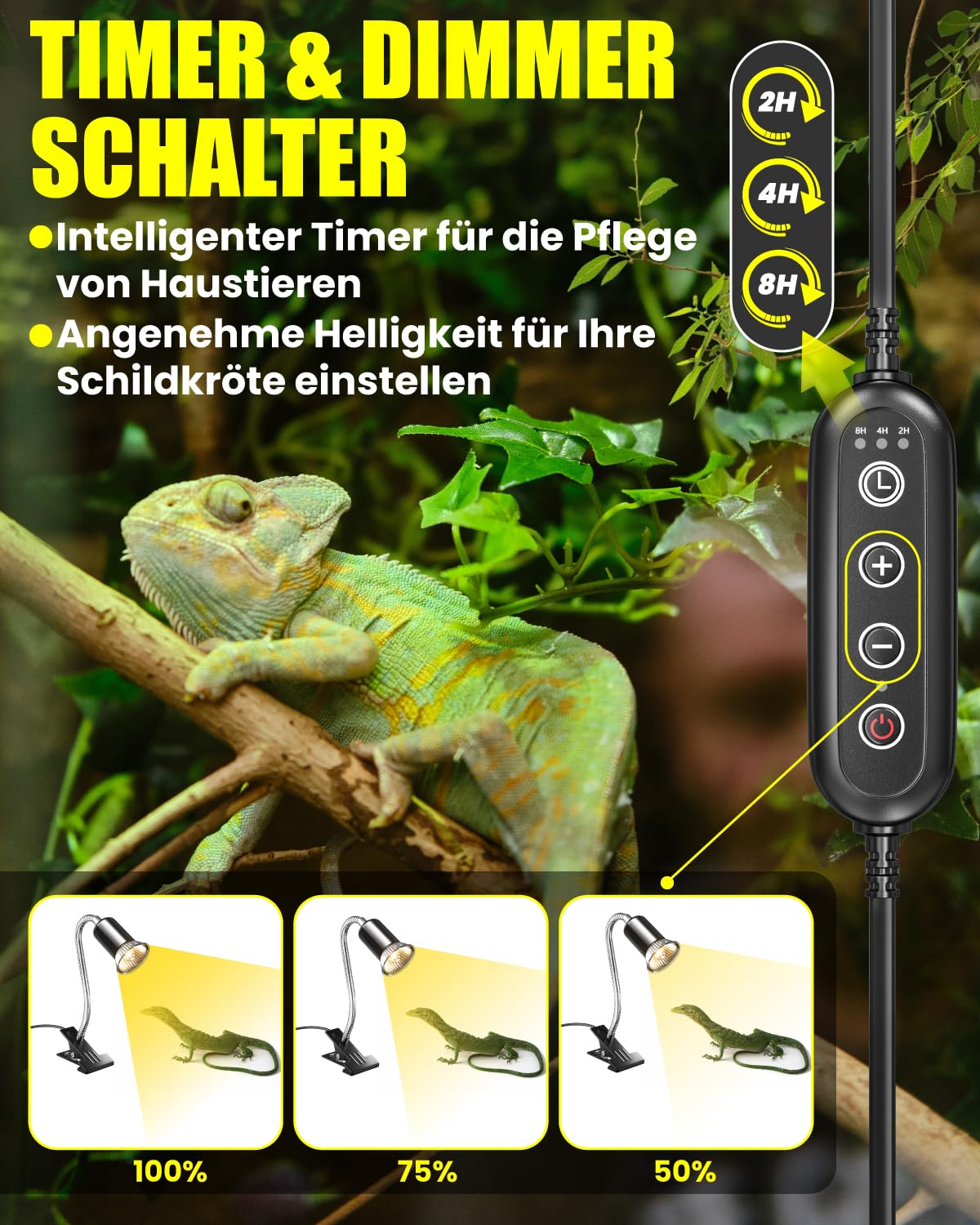 Schildkröte Wärmelampe Terrarium, Reptilien WäRmelampe 50W UVA/UVB Lampe Terrarium mit Timer und Clip E27 Lampenfassung für Schildkröte Spinne Eidechse Schlange Amphibien(2 Birnen enthalten)