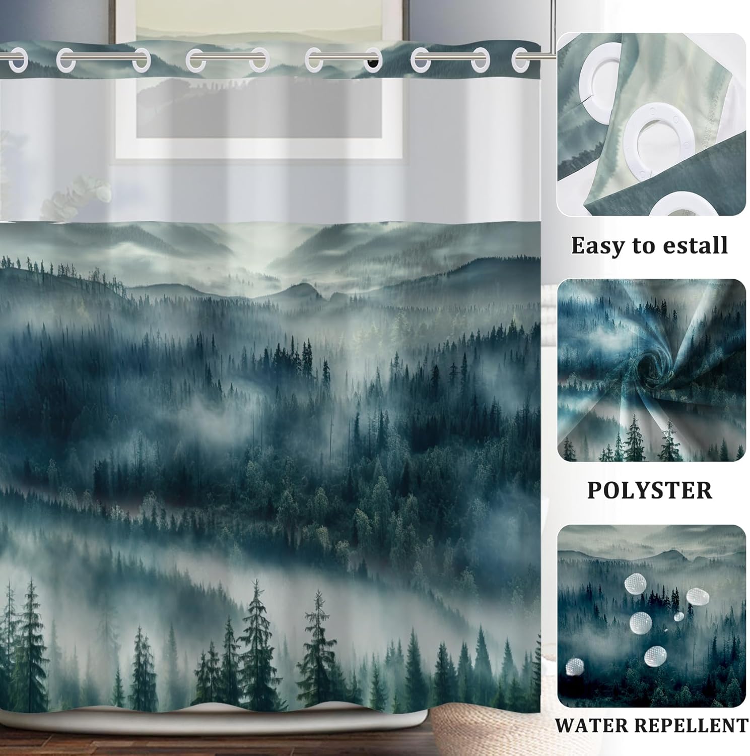 Baocicco No Hook Pine Forest Shower Curtain with Snap-in Fabric Liner Set for Bathroom Misty Mountain Double Layer Bathtubs Hotel Curtain Waterproof Hotel Shower Curtain and Liner Set 71x74 Inch