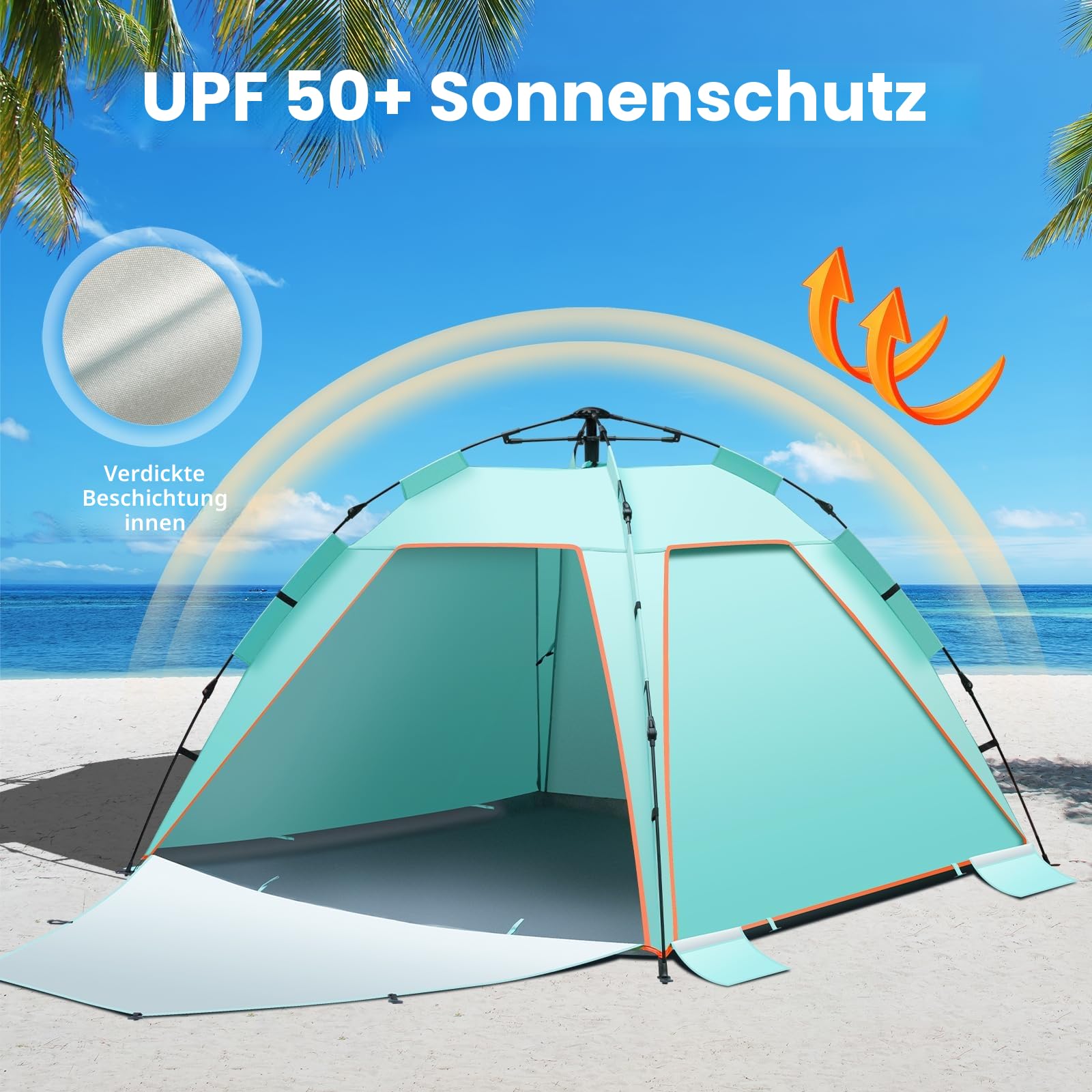 3-4 Person Instant Strand Zelt Pop Up Automatisches Strandzelt, Extra großes Tragbar Strandmuschel mit 3 erweiterbare Türen, UPF 50+ Easy Setup Sonnenschutz für Picknick, Strand,Familien