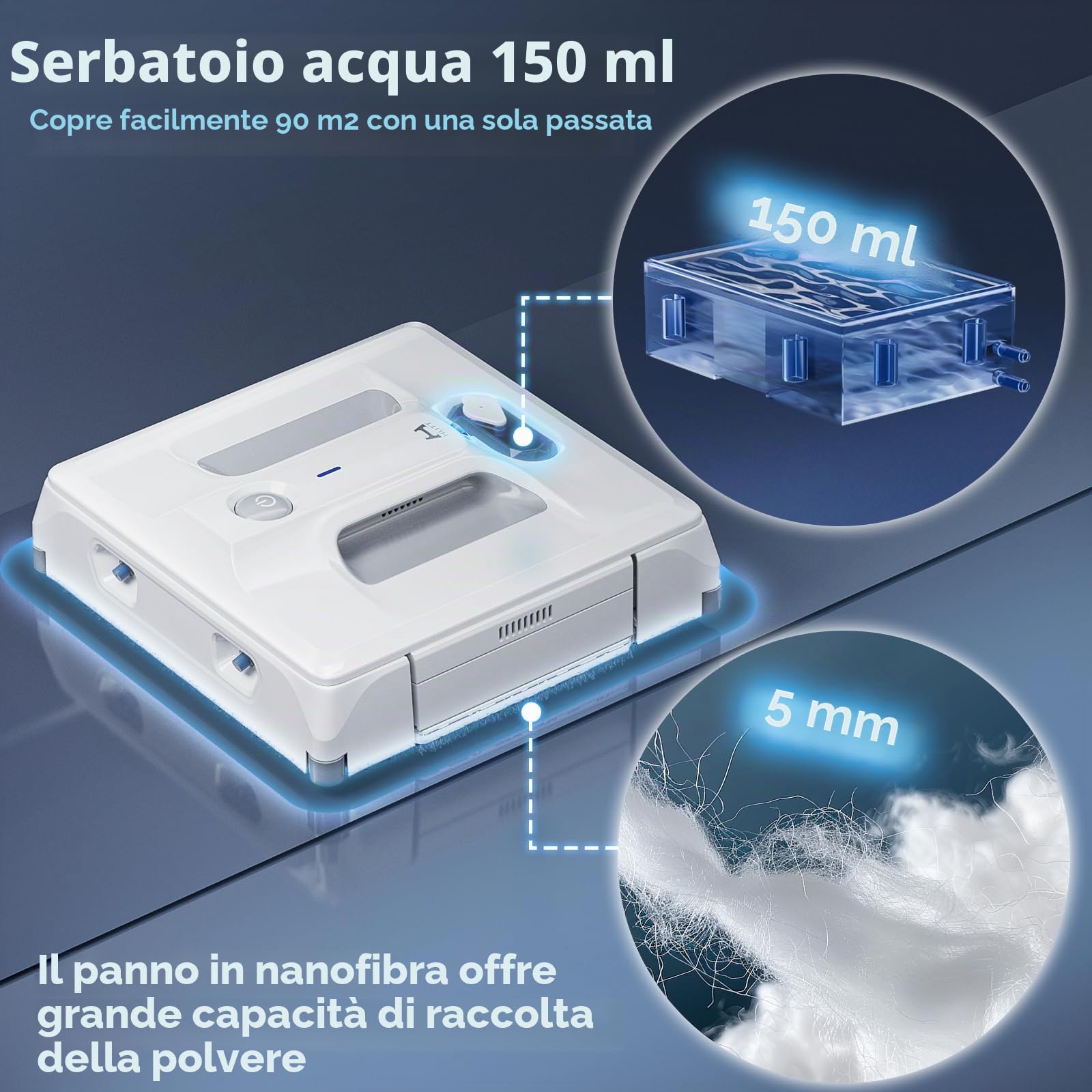 HUTT A1 Robot per Pulizia Finestre, Sistema a Spruzzo a 4 strati, Serbatoio da 150 ml, Potenza di Aspirazione 6000 Pa, Rilevamento Bordi e Ostacoli, Adatto a Vetri, Piastrelle e Specchi, Grigio