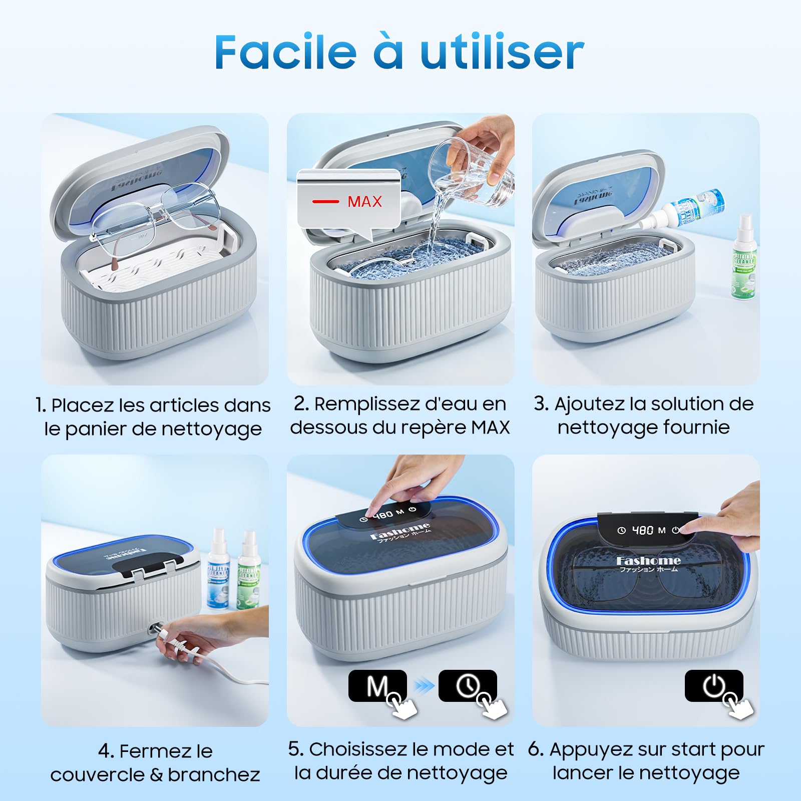 Fashome Nettoyeur Ultrasons 45KHz, 3 modes, cuve en acier inoxydable de 550 ml avec 2×100 ml de solution de nettoyage, adapté aux bijoux, lunettes, bagues, prothèses dentaires, élégant coffret cadeau