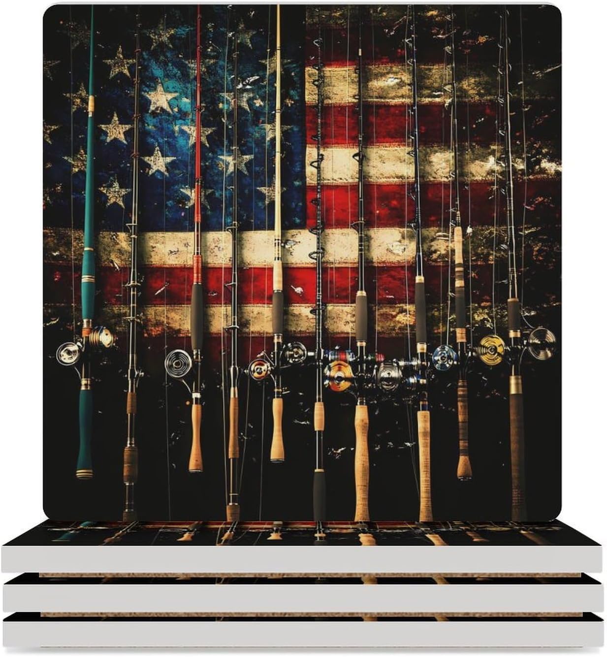 USA Flag Fishing Rod Ceramic Coasters Set Square Drink Coasters Table Coaster for Kitchen Desktop Decor