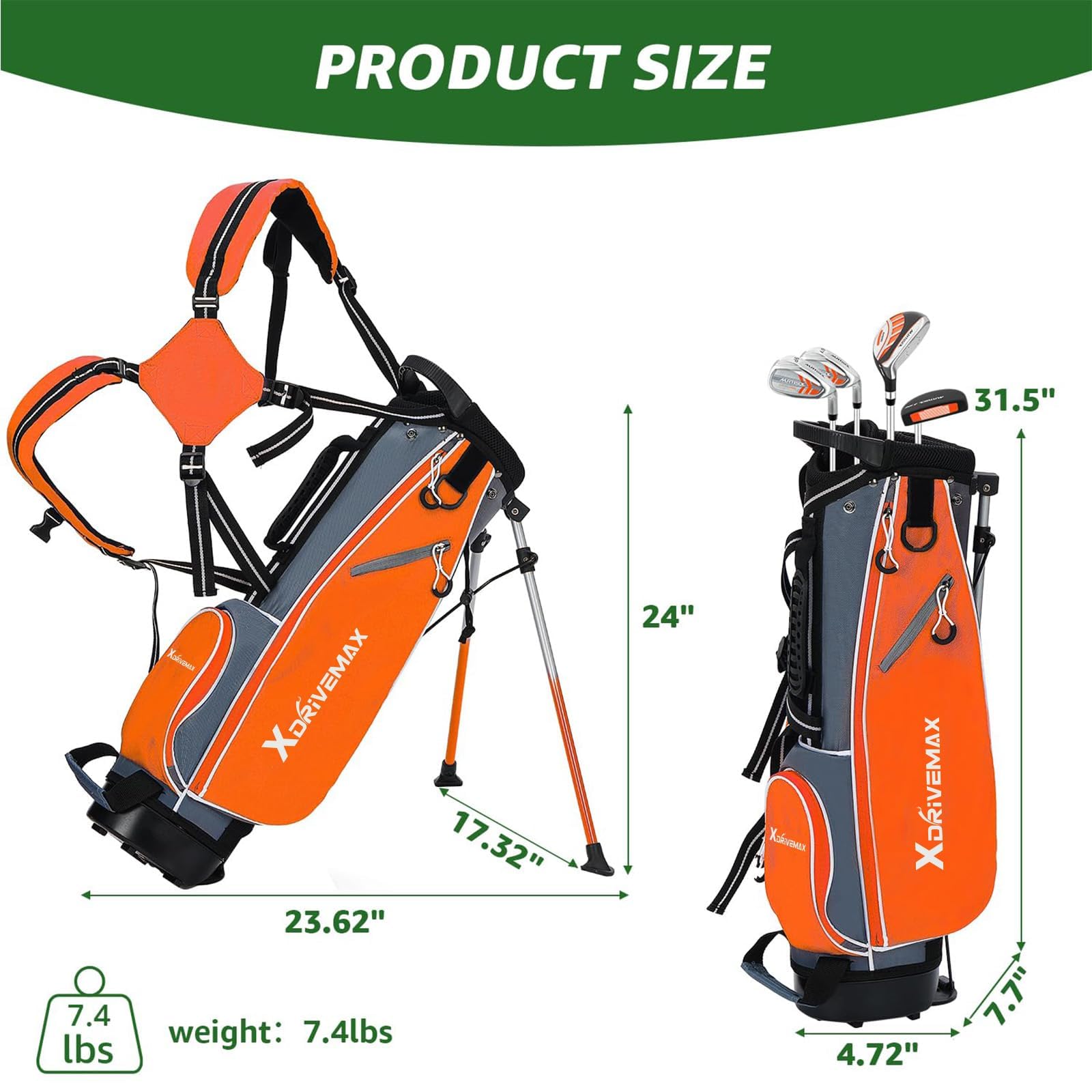 XDriveMax Lot de 5/6 clubs de golf pour enfants de 4 à 12 ans avec sac de support, entraînement 1#, hybride 5#, 6/7#, 9/P# et putter droitier pour garçons et filles
