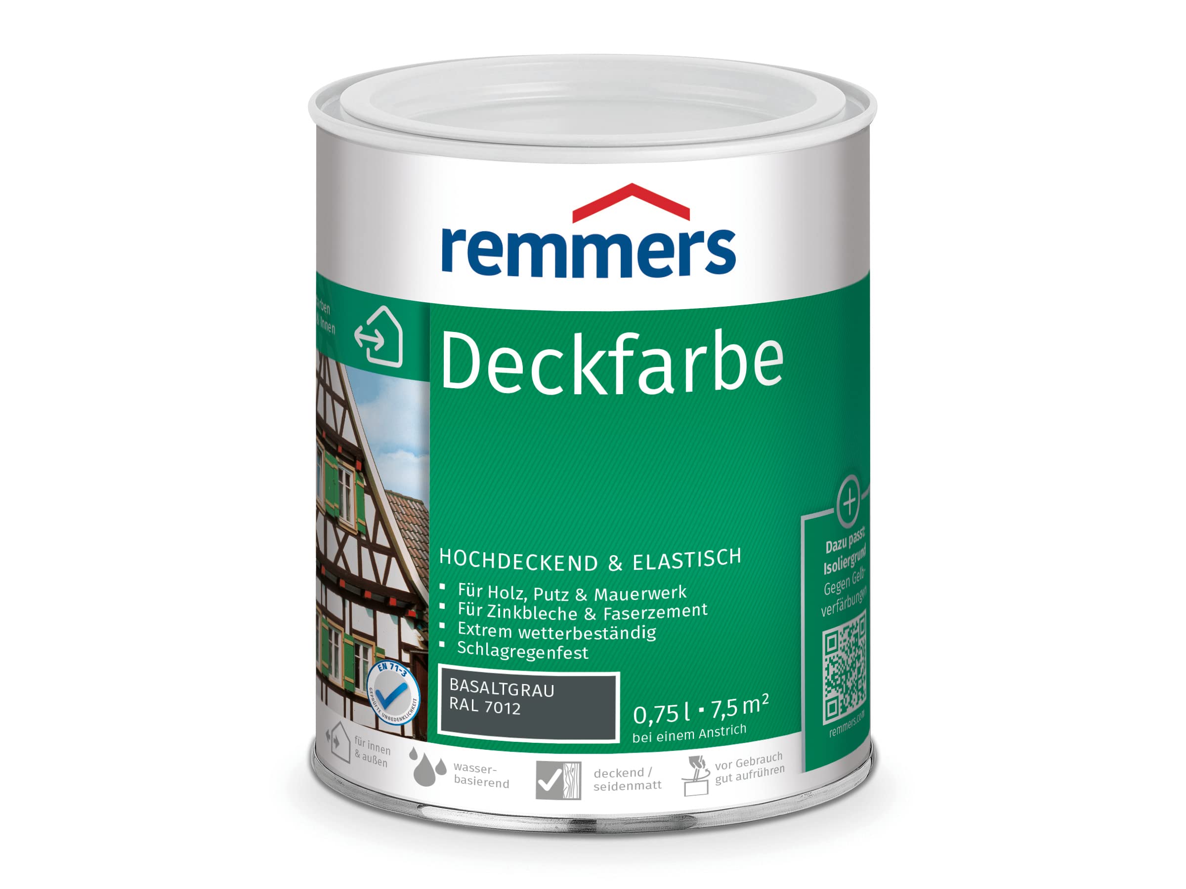 Remmers Deckfarbe basaltgrau (RAL 7012), 0,75 Liter, Deckfarbe für innen und außen, Wetterschutzfarbe viele Untergründe, hochdeckend, wetterfest