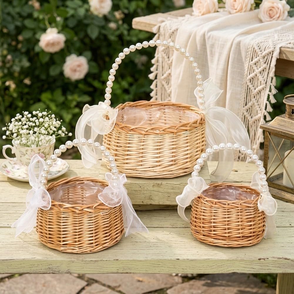 Cestini rustici fatti a mano in vimini per damigelle di fiori, in vimini ramoscello di salice, per matrimoni, corridoi per bambini, decorazioni per baby shower e feste in giardino, confezione da 2