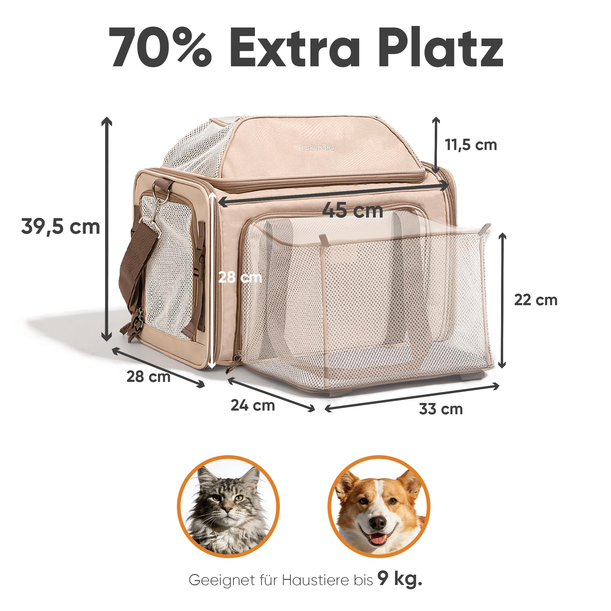 FUKUMARU Erweiterbar Katzenrucksack Hunderucksack für Katzen Hunde bis 9kg, weiche und belüftete Katzentransportbox, strapazierfähige Transportbox mit kratzfestem Netz, Rosa, 46 x 30 x 28 cm