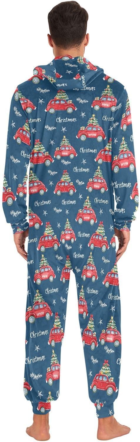 ALAZA Watercolor Christmas Tree Car Blue Adult Onesie Unisex Pajamas One-Piece Costume Hooded Jumpsuit Sleepwear for Men Women XS
