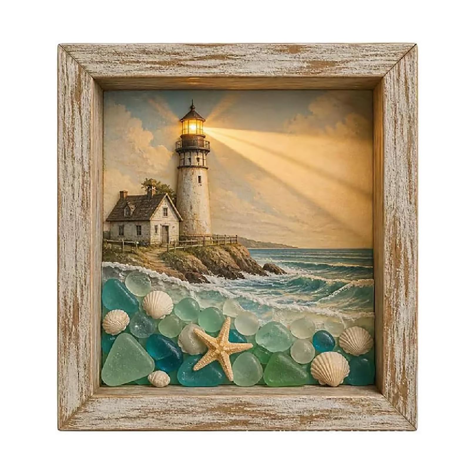 KIEYIQE Coastal Lighthouse Sea Glass Shadow Box Night Light - Beach Sea Glass Frame Box Wall Decor, Coastal Lighthous Lamp Decor for Bedrooms, Living Rooms, Reading Corners (B)
